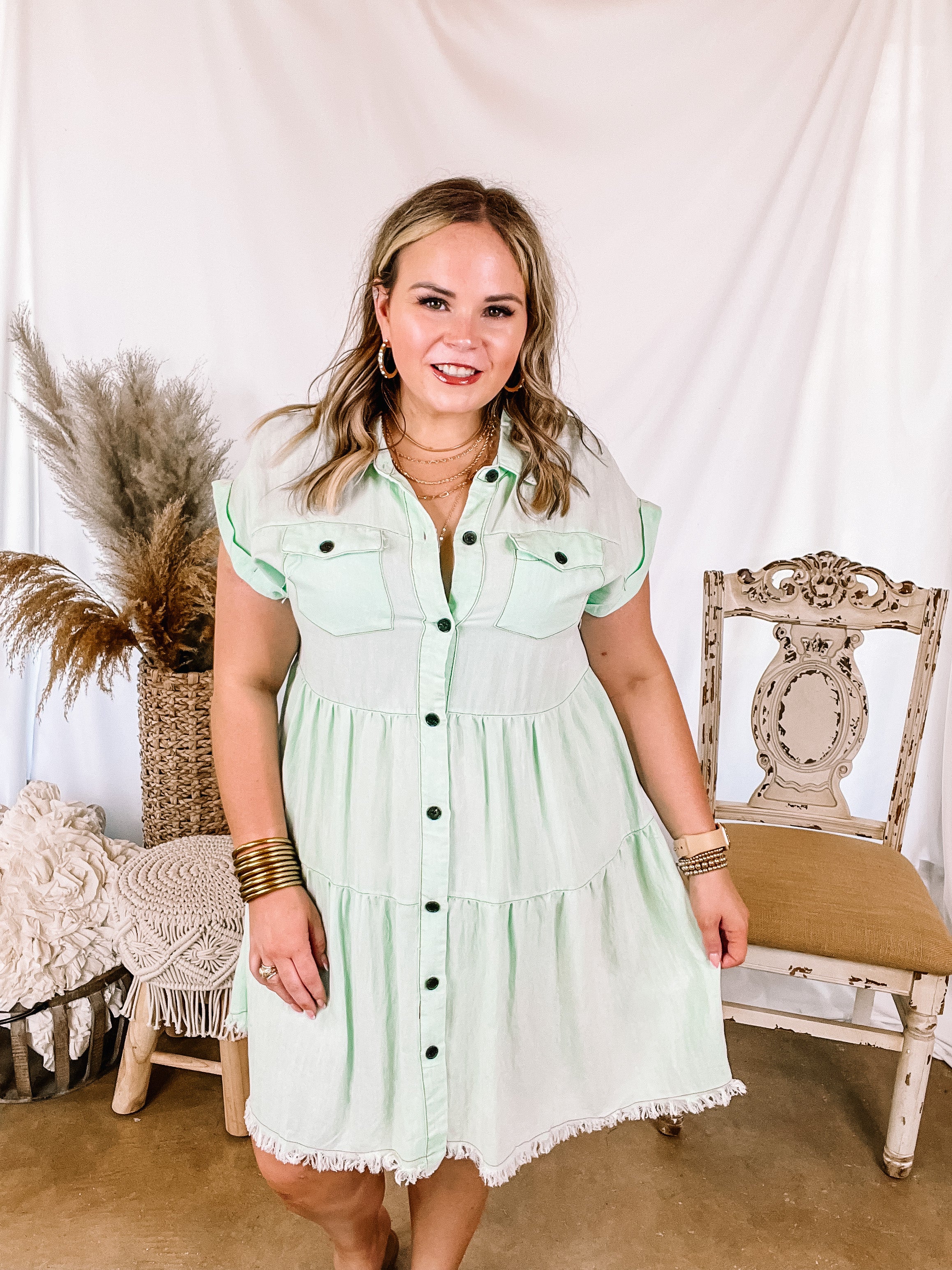 Oh Darling Ruffle Tiered Button Up Dress in Mint Green - Giddy Up Glamour Boutique