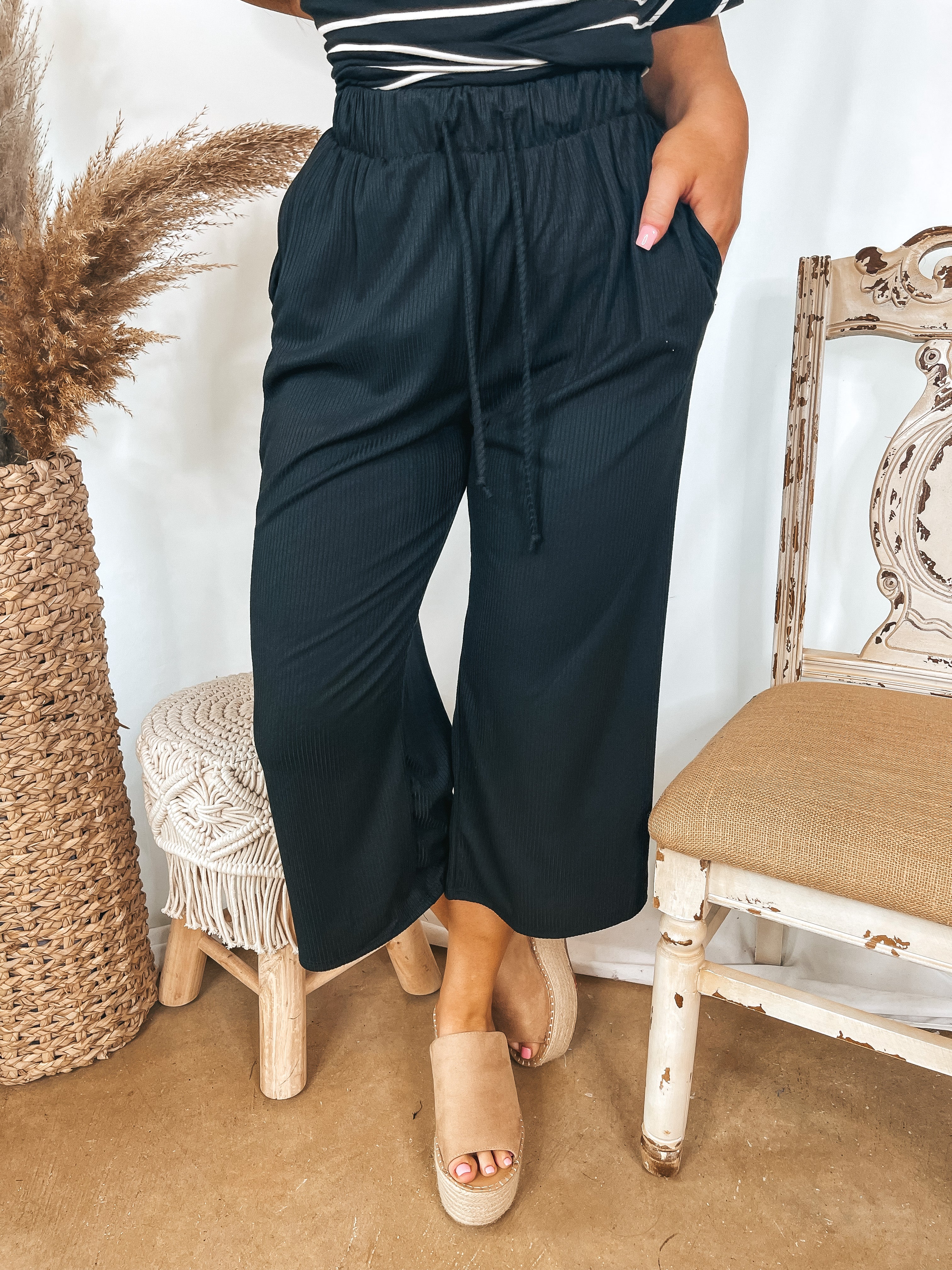 By The Bay Cropped Wide Leg Ribbed Pants in Black - Giddy Up Glamour Boutique
