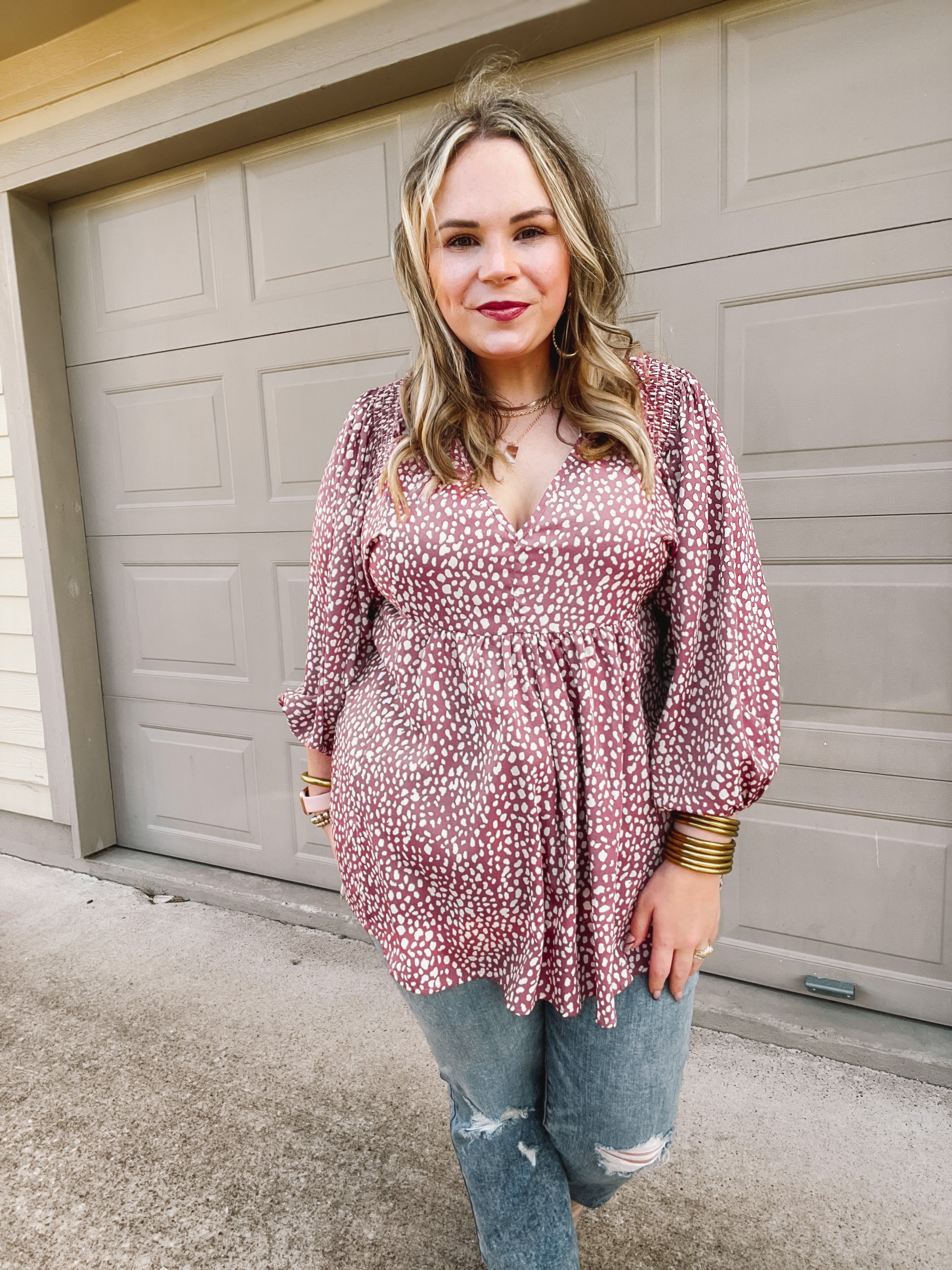 Charming Day Dotted Babydoll Top with Ruched Shoulders in Mauve - Giddy Up Glamour Boutique
