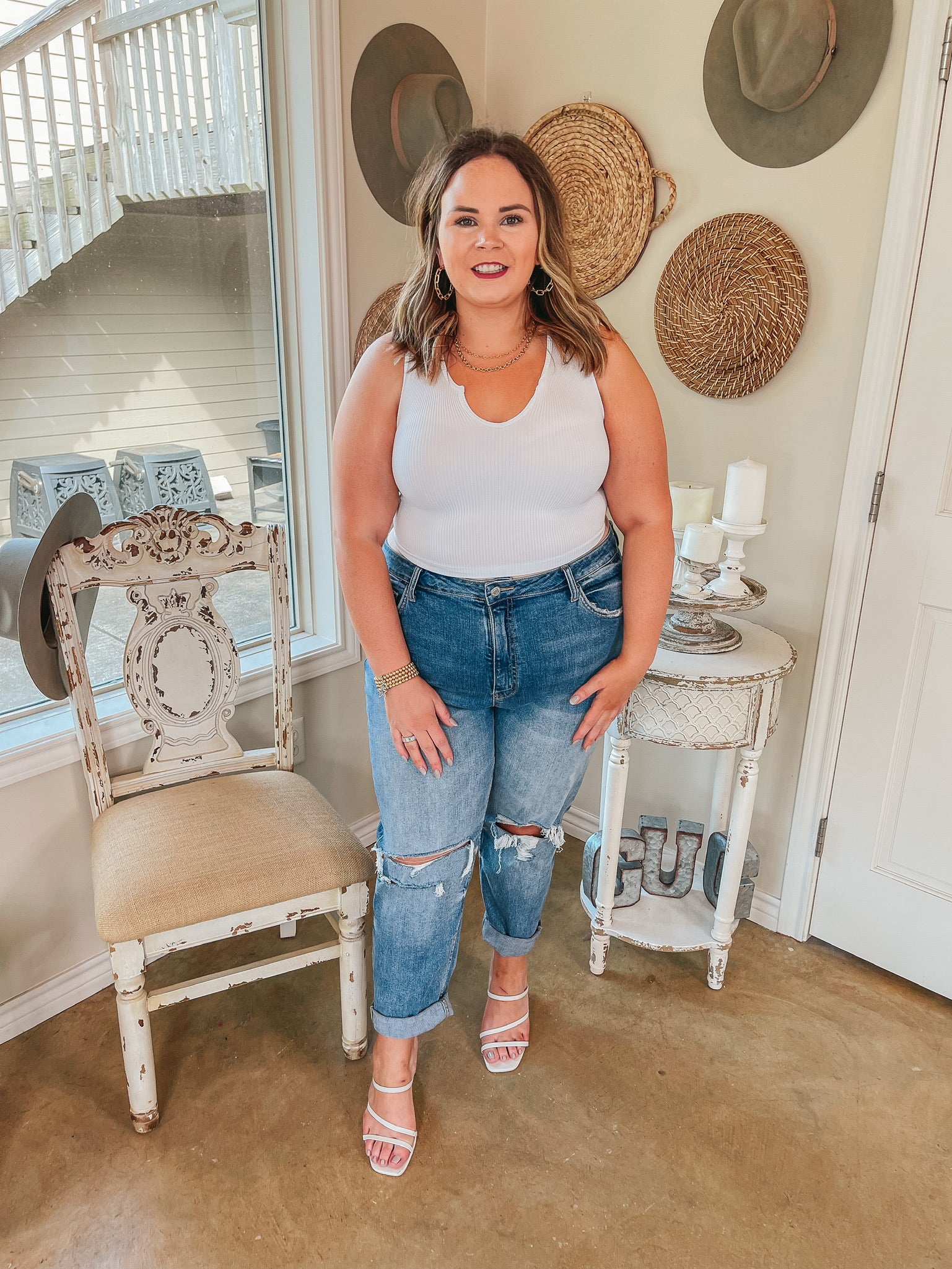 Dream Babe Notched Neckline Crop Tank Top in White - Giddy Up Glamour Boutique