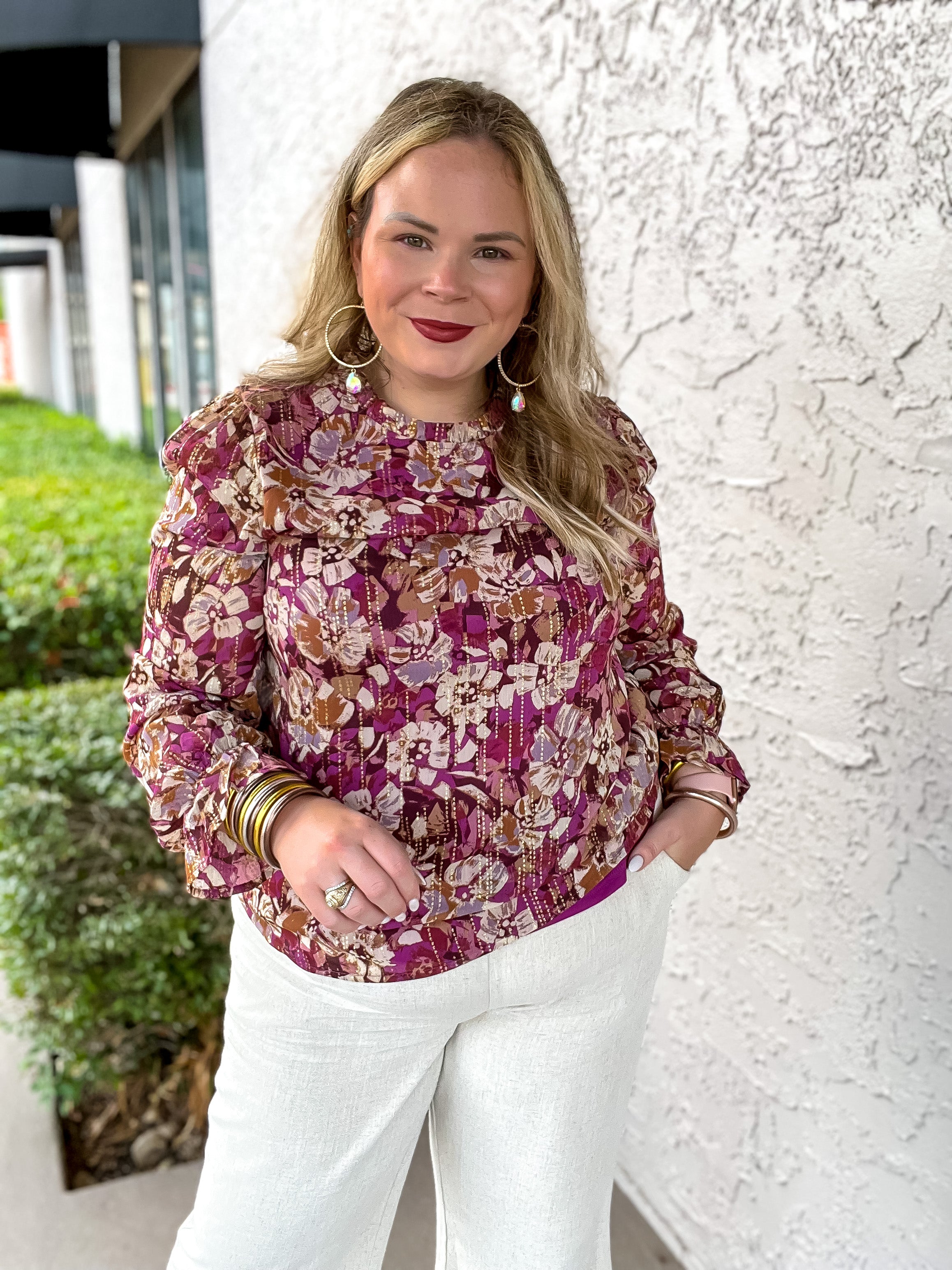 Counting Favors High Neck Floral Top with Long Sleeves in Magenta and Gold - Giddy Up Glamour Boutique