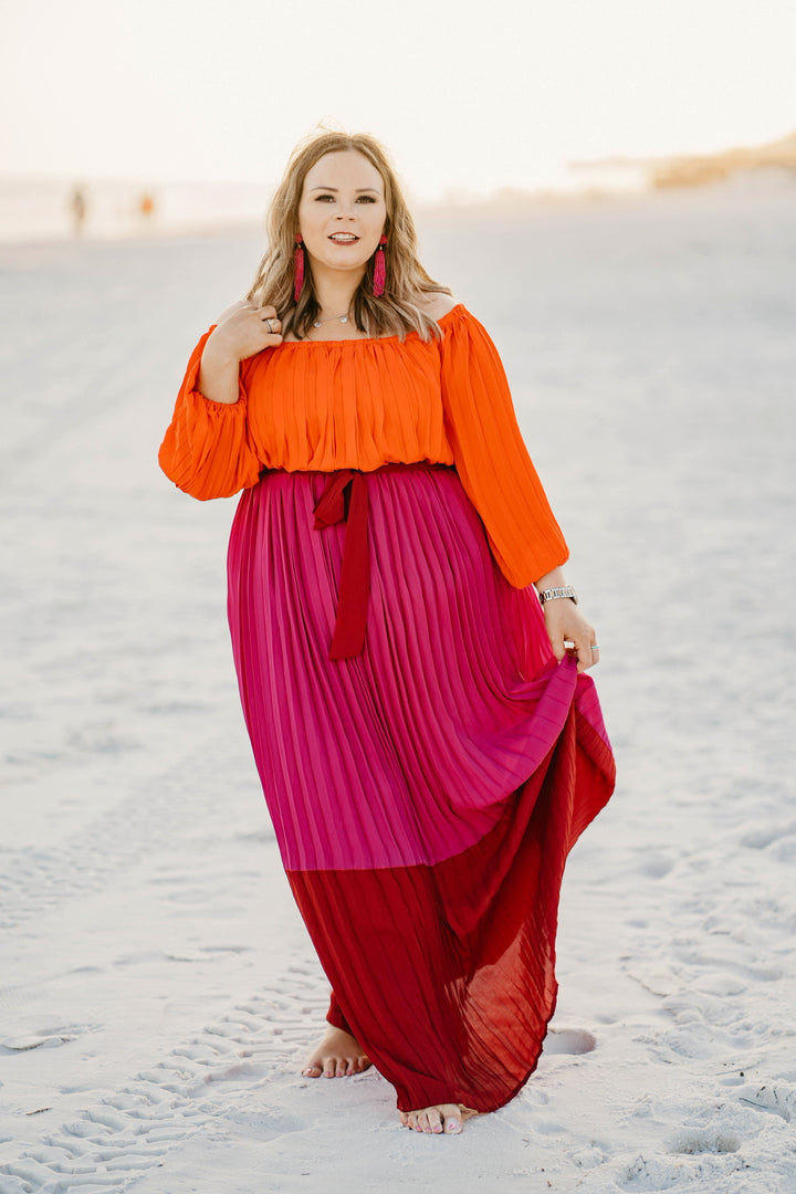 Last Chance Size Small & Medium | Walk On The Bright Side Pleated Off the Shoulder Color Block Maxi Dress in Pink - Giddy Up Glamour Boutique