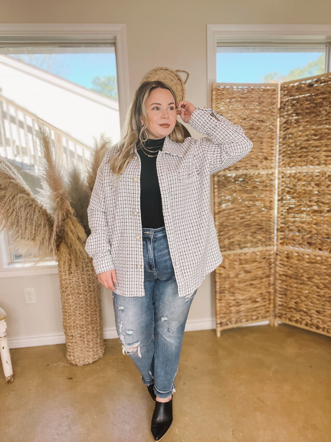 Brooklyn Buzz Pearl Button Up Tweed Shacket in White - Giddy Up Glamour Boutique