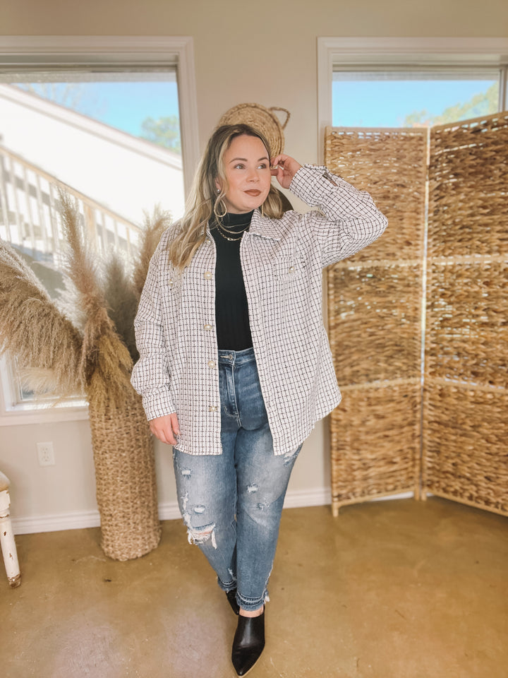 Brooklyn Buzz Pearl Button Up Tweed Shacket in White - Giddy Up Glamour Boutique