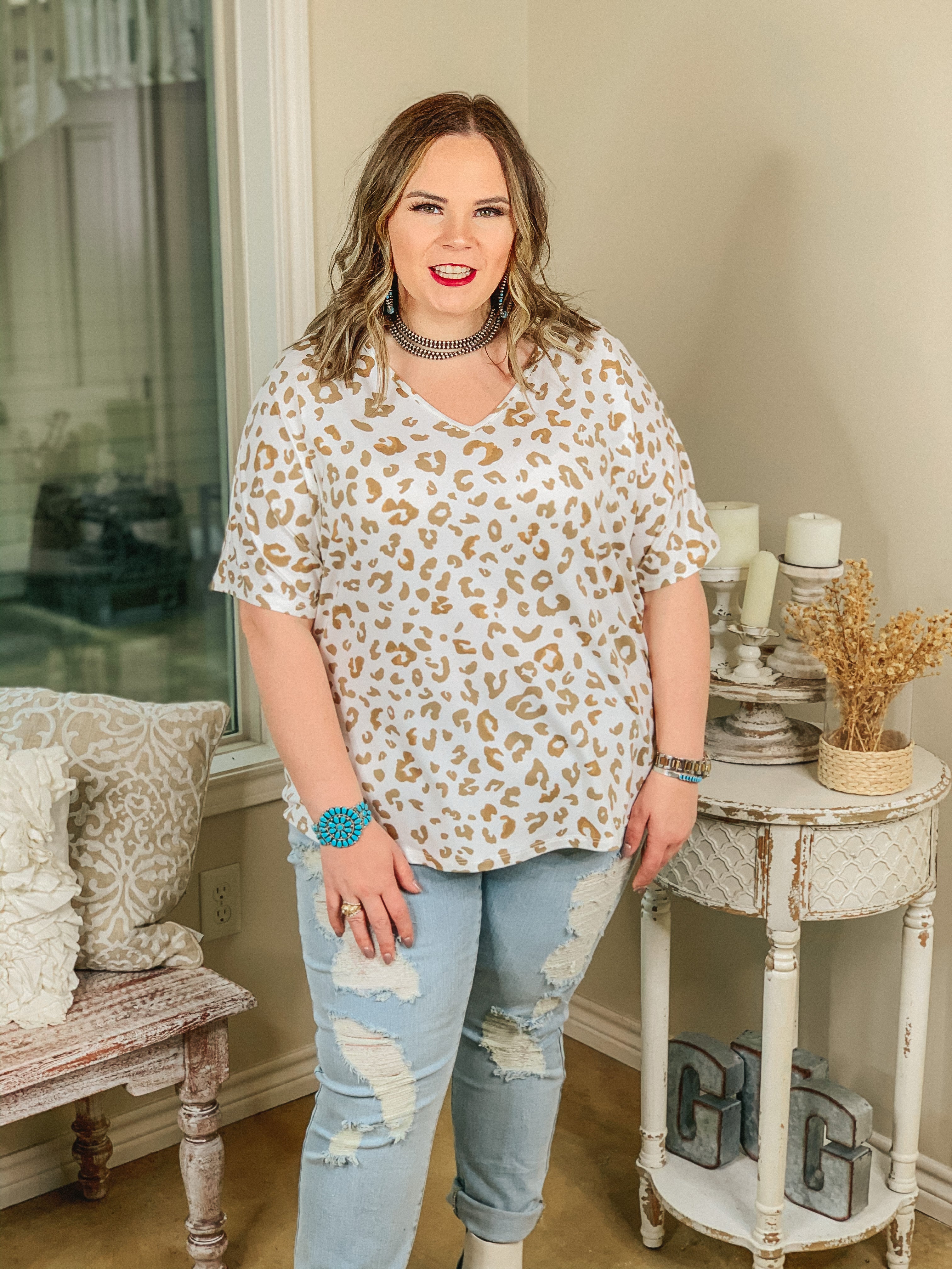 Catching Flights Leopard V Neck Shift Top in Ivory and Sand - Giddy Up Glamour Boutique