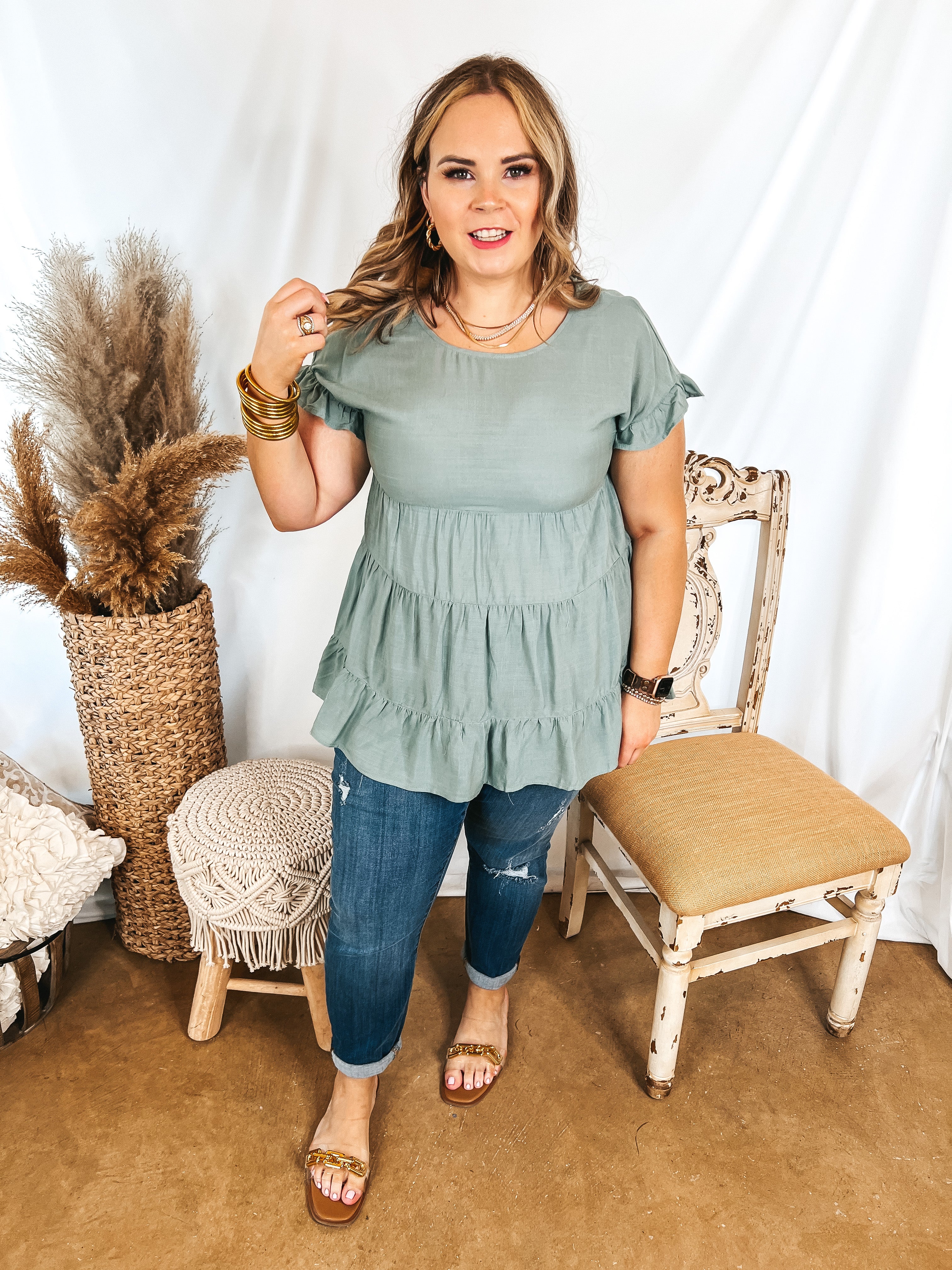 Belong To You Tiered Top with Ruffle Cap Sleeves in Sage Green - Giddy Up Glamour Boutique