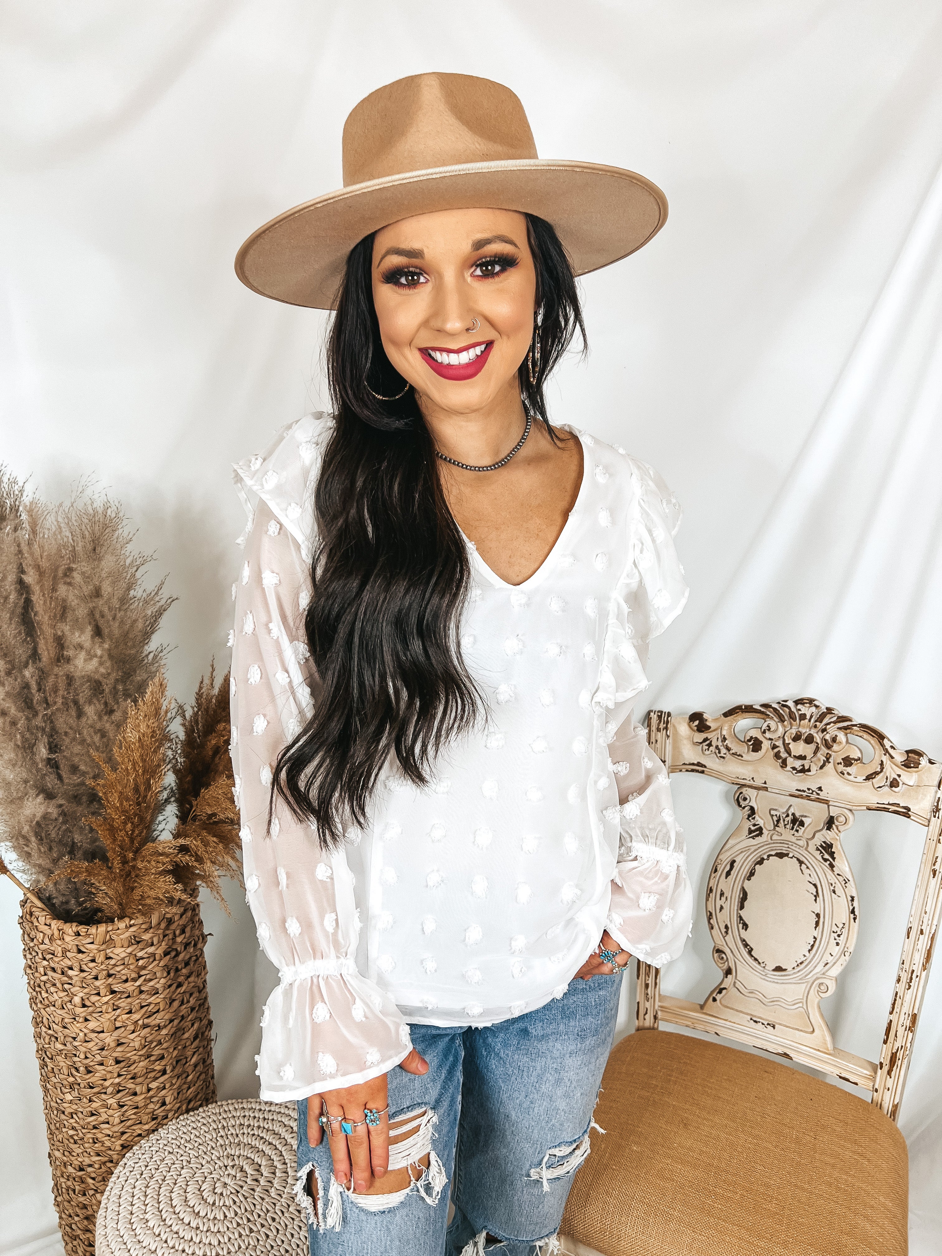 Last Chance Size Small, Med. & 1XL | Be Bubbly Swiss Dot Ruffle Shoulder Blouse in White - Giddy Up Glamour Boutique