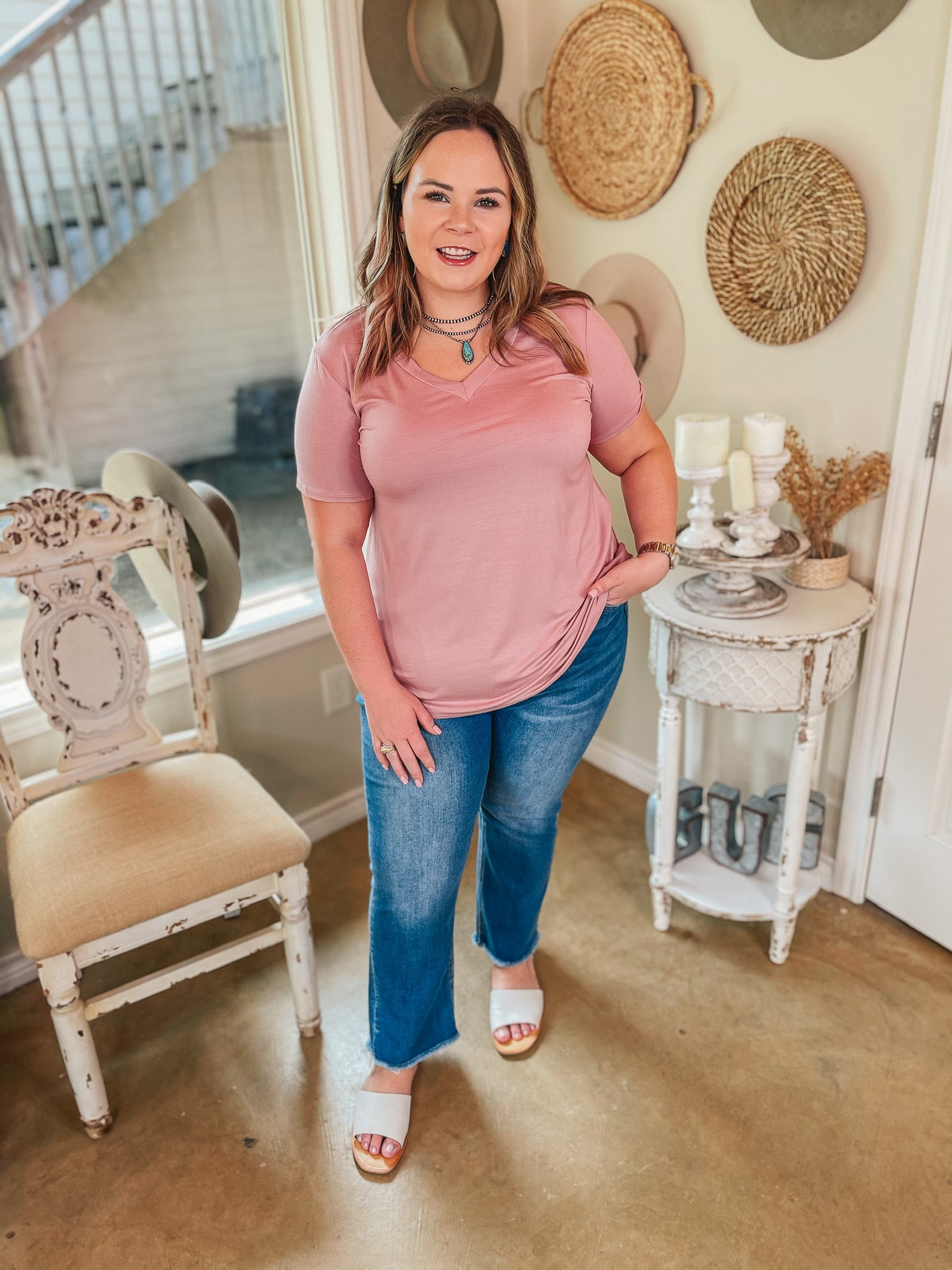 It's That Simple Solid V Neck Tee in Mauve - Giddy Up Glamour Boutique