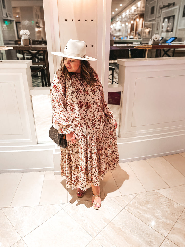 Tuscan Nights Long Sleeve High Neck Floral Midi Dress in Ivory - Giddy Up Glamour Boutique