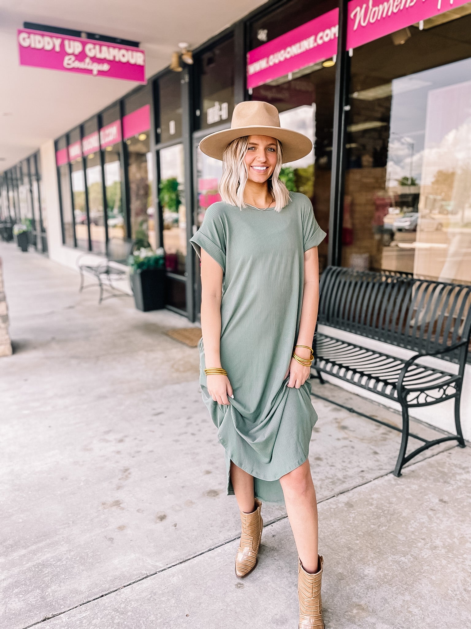Chill Looks Short Sleeve Thin Ribbed Midi Dress in Olive Green - Giddy Up Glamour Boutique