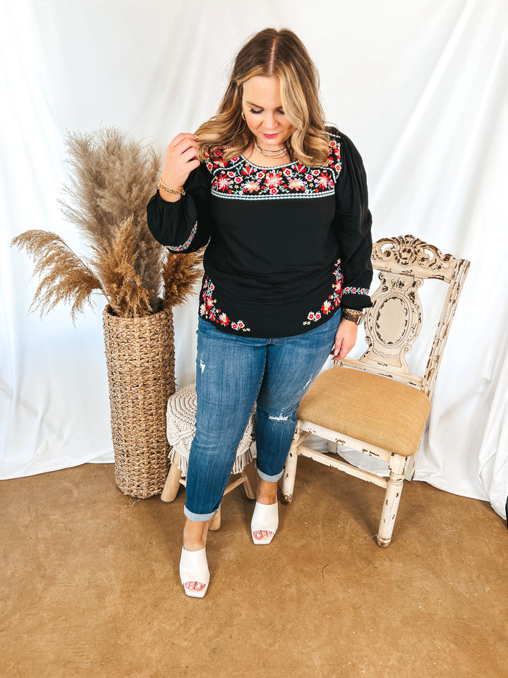 Sunny Sweetheart Floral Embroidered Long Sleeve Top in Black - Giddy Up Glamour Boutique