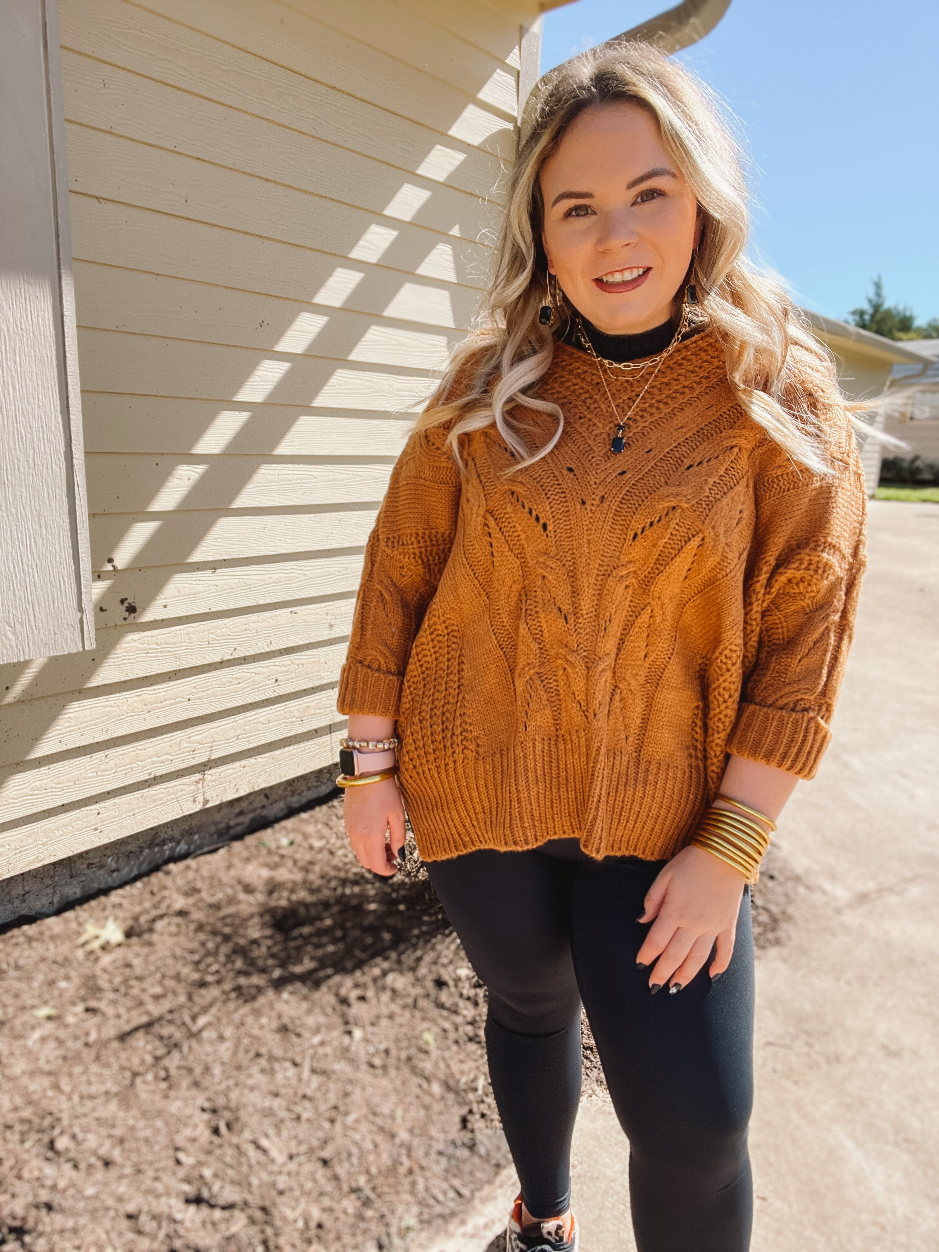 Crisp Morning Air Oversized Dolman 3/4 Sleeve Sweater in Camel Brown - Giddy Up Glamour Boutique