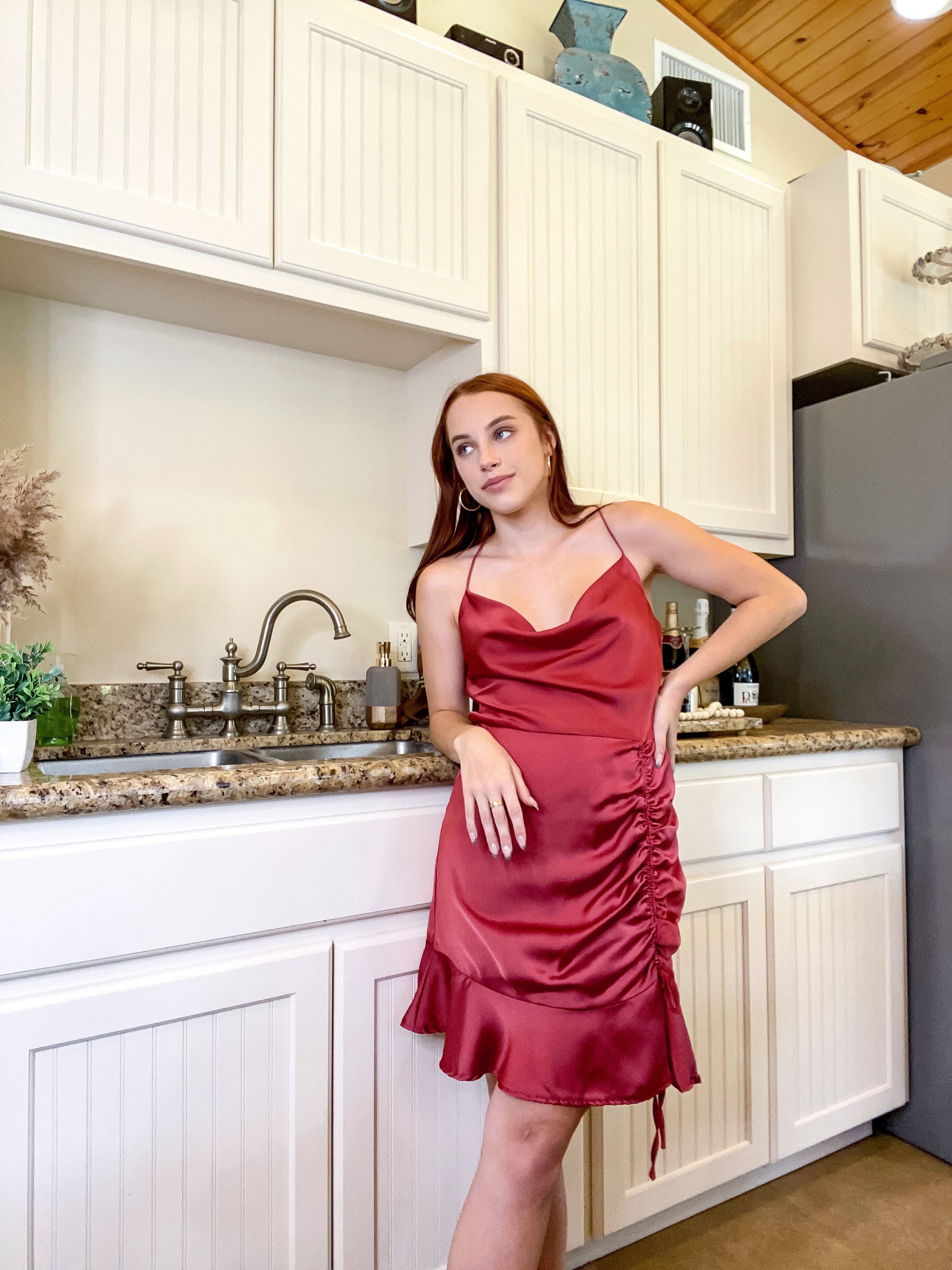 Cider Toast Spaghetti Strap Satin Dress in Marsala - Giddy Up Glamour Boutique