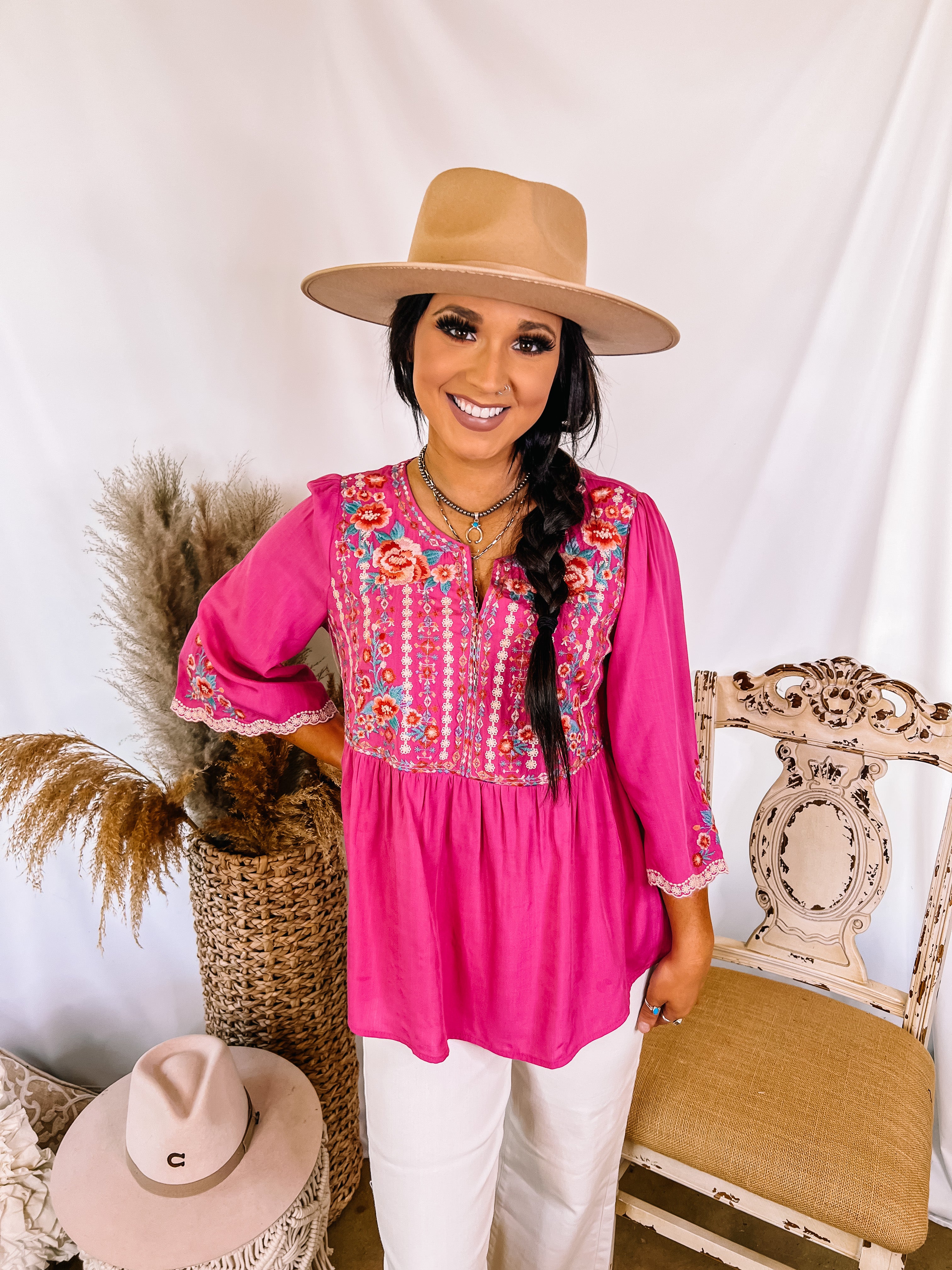 Already Mine 3/4 Bell Sleeve Embroidered Babydoll Top in Pink - Giddy Up Glamour Boutique