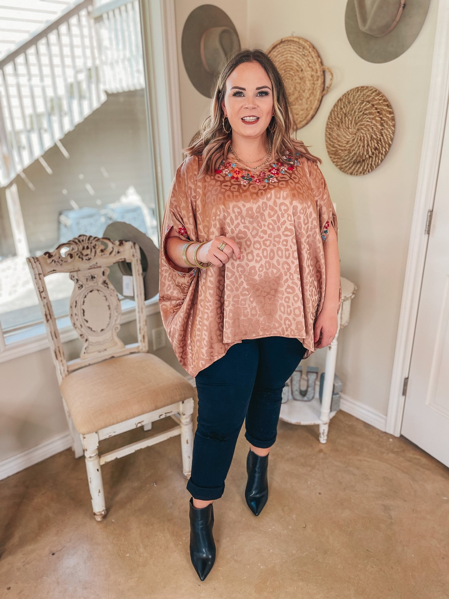Destination Dreaming Metallic Leopard Poncho Top with Multicolor Embroidered Trim in Copper - Giddy Up Glamour Boutique
