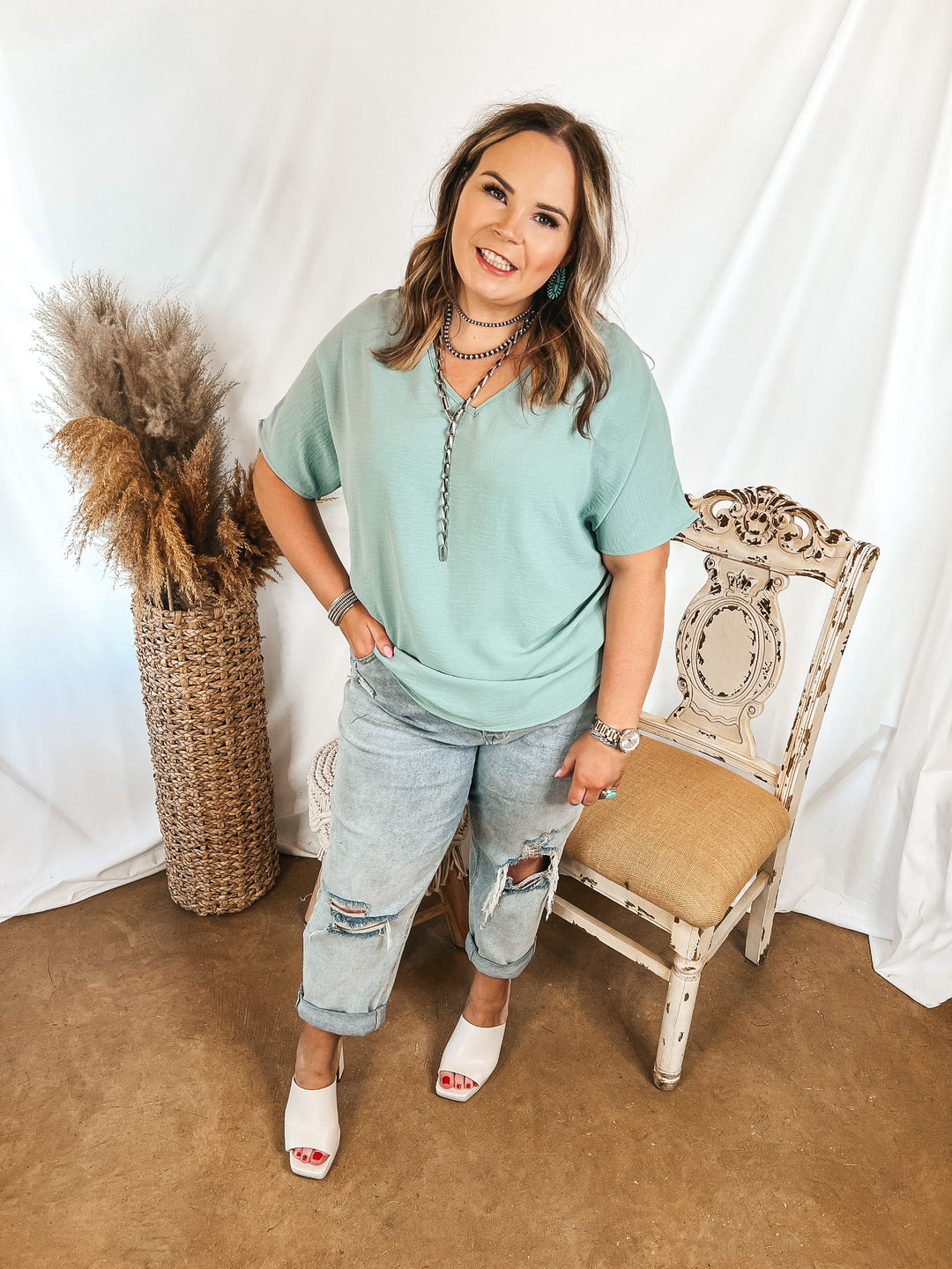 Lovely Dear V Neck Short Sleeve Solid Top in Aloe Blue - Giddy Up Glamour Boutique