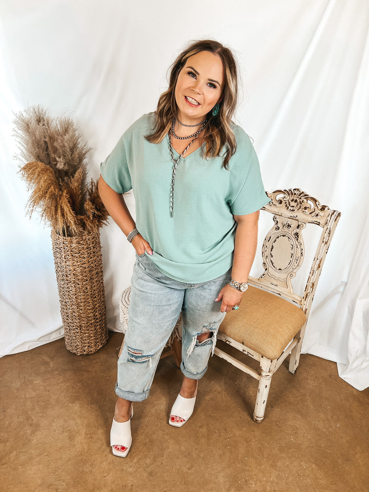 Lovely Dear V Neck Short Sleeve Solid Top in Aloe Blue - Giddy Up Glamour Boutique