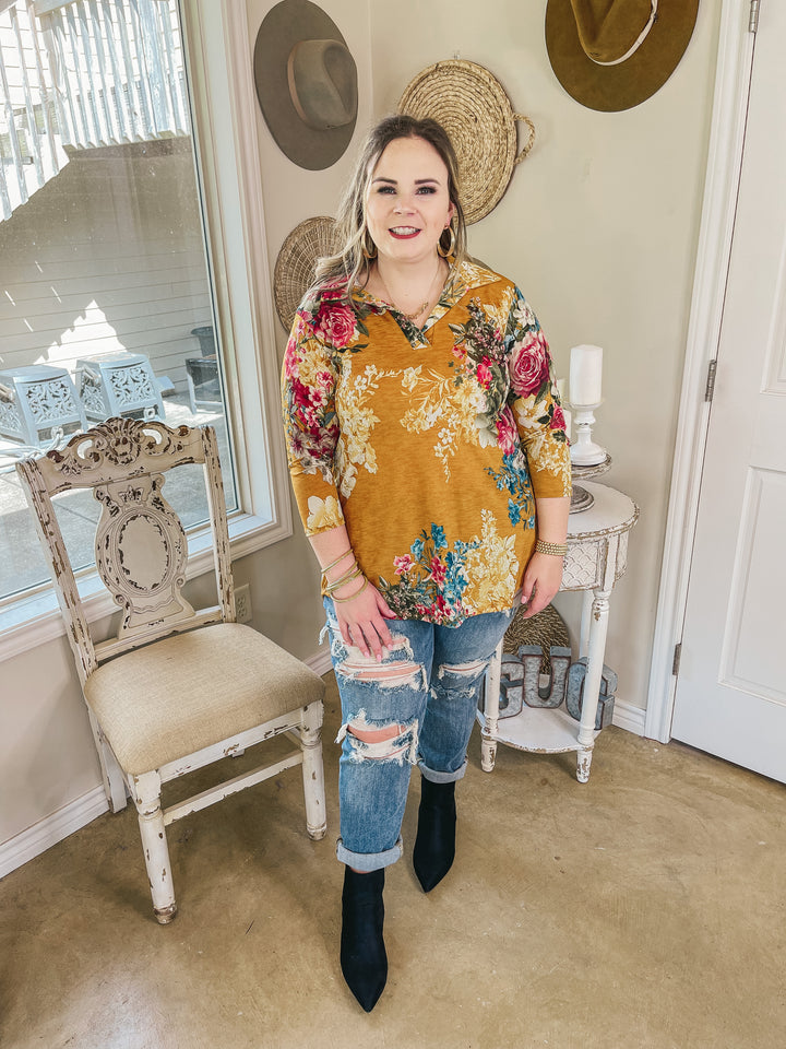 Last Chance Size Small | Scenic Route Floral Collared Tunic Top in Mustard - Giddy Up Glamour Boutique