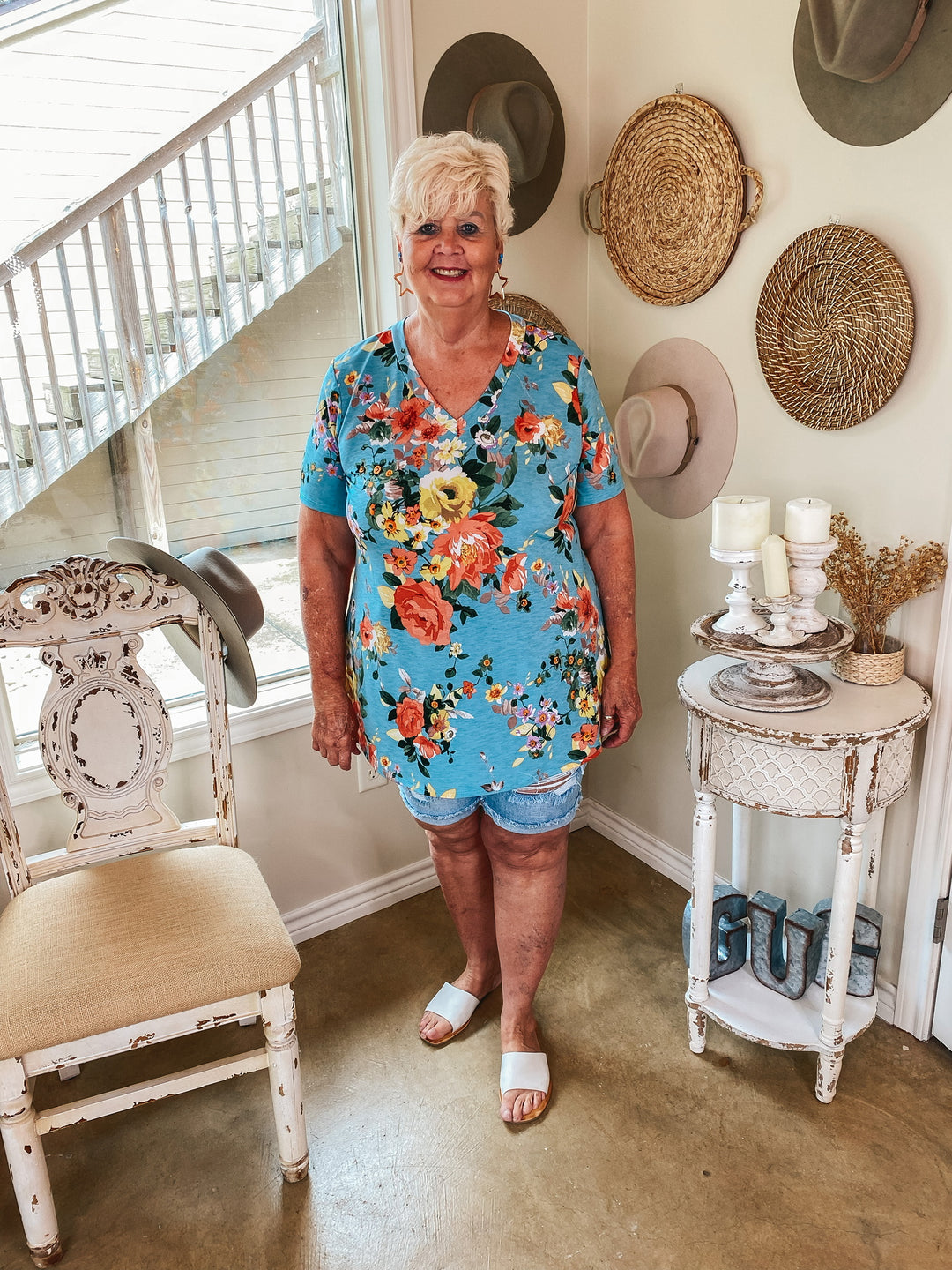 Keep Things Simple Floral V Neck Tee in Sky Blue - Giddy Up Glamour Boutique