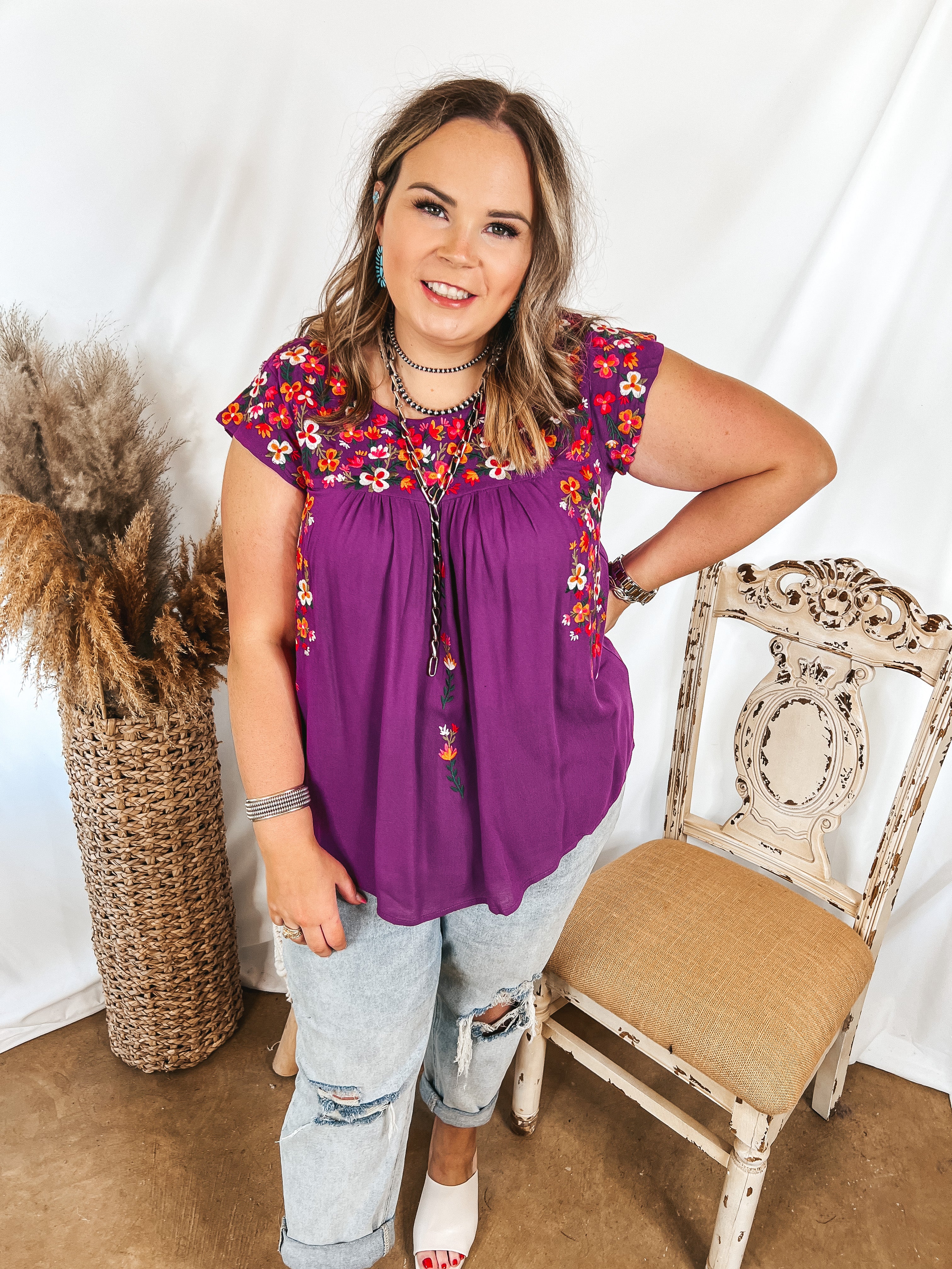 Lajitas Lady Floral Embroidered Babydoll Top in Purple - Giddy Up Glamour Boutique