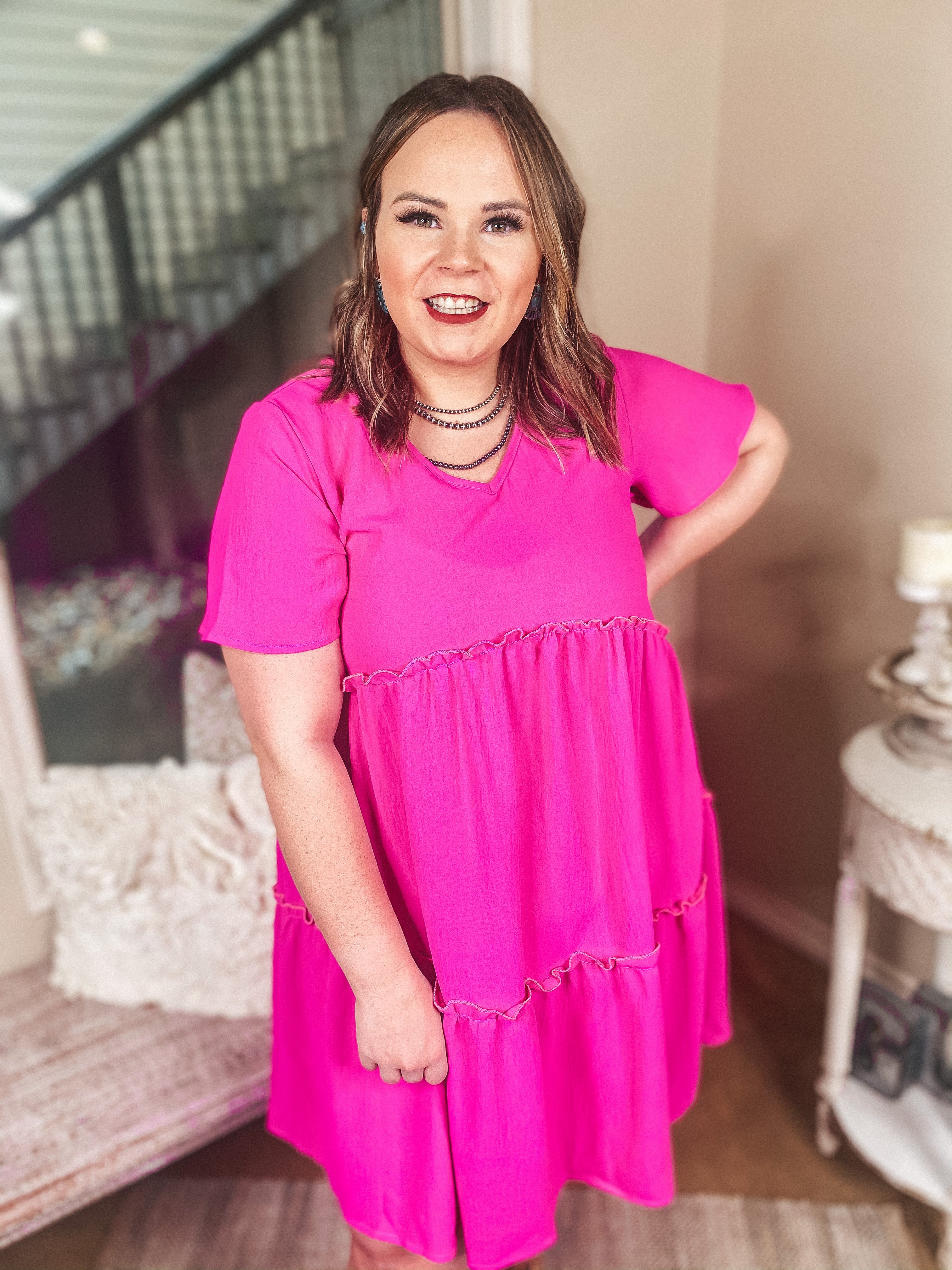 Waiting For Wednesday Short Sleeve Tiered Babydoll Dress in Fuchsia Pink - Giddy Up Glamour Boutique