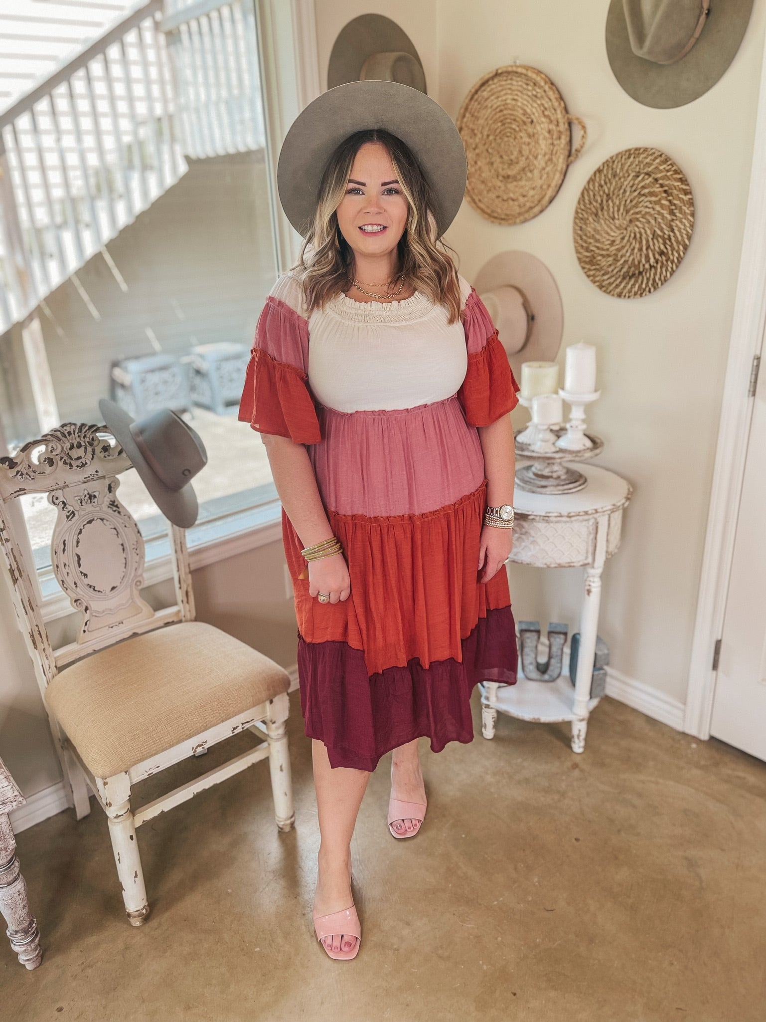 In the Villa Color Block Off the Shoulder Midi Dress in Ivory, Rust, Mauve, and Maroon - Giddy Up Glamour Boutique