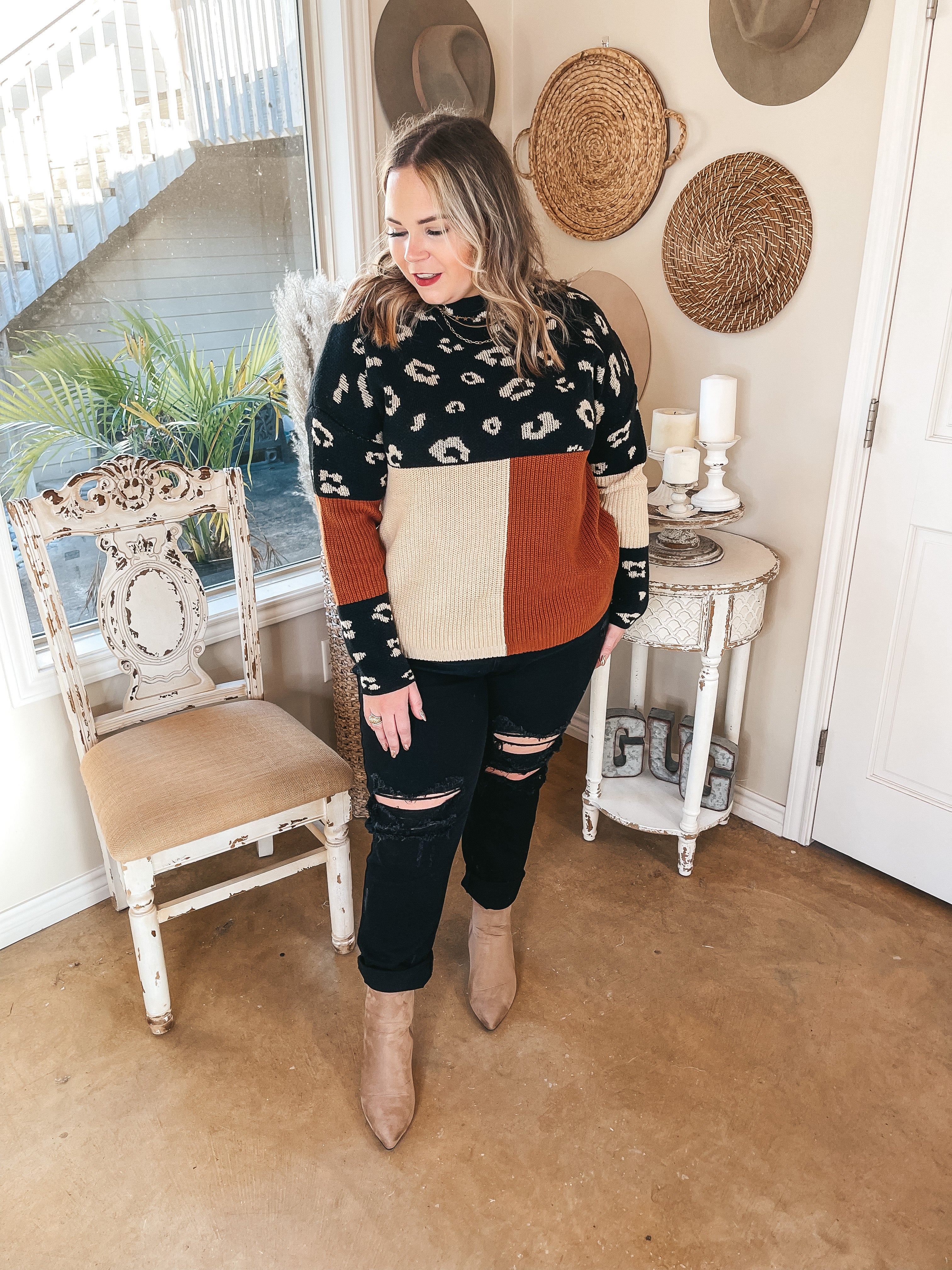 Just Warming Up Leopard Print Color Block Knit Pullover Sweater in Black & Rust - Giddy Up Glamour Boutique