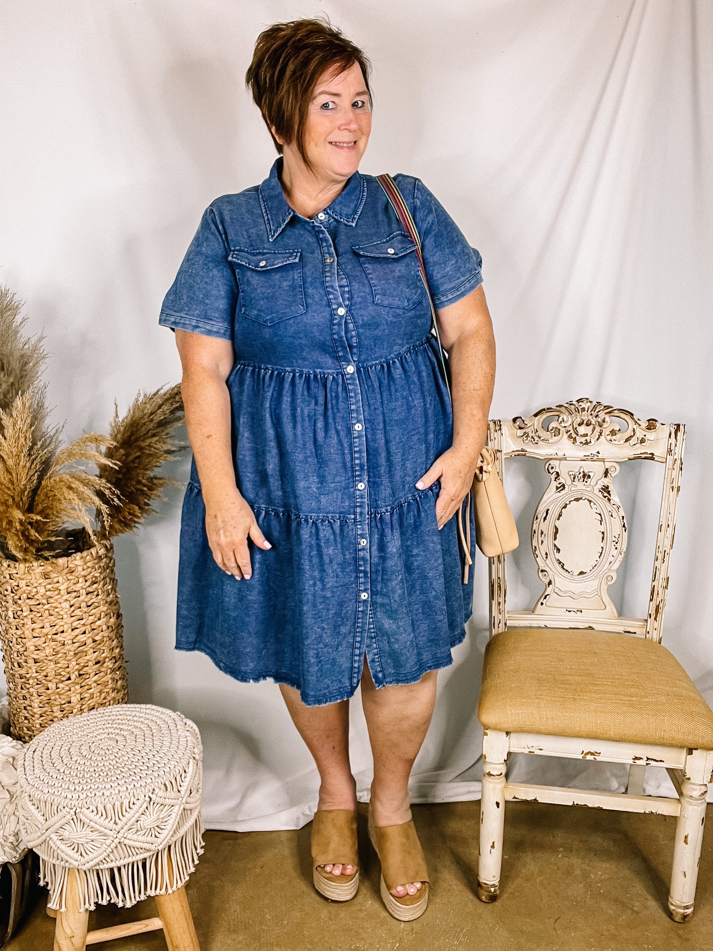 Still The One Ruffle Tiered Button Up Dress in Dark Wash - Giddy Up Glamour Boutique