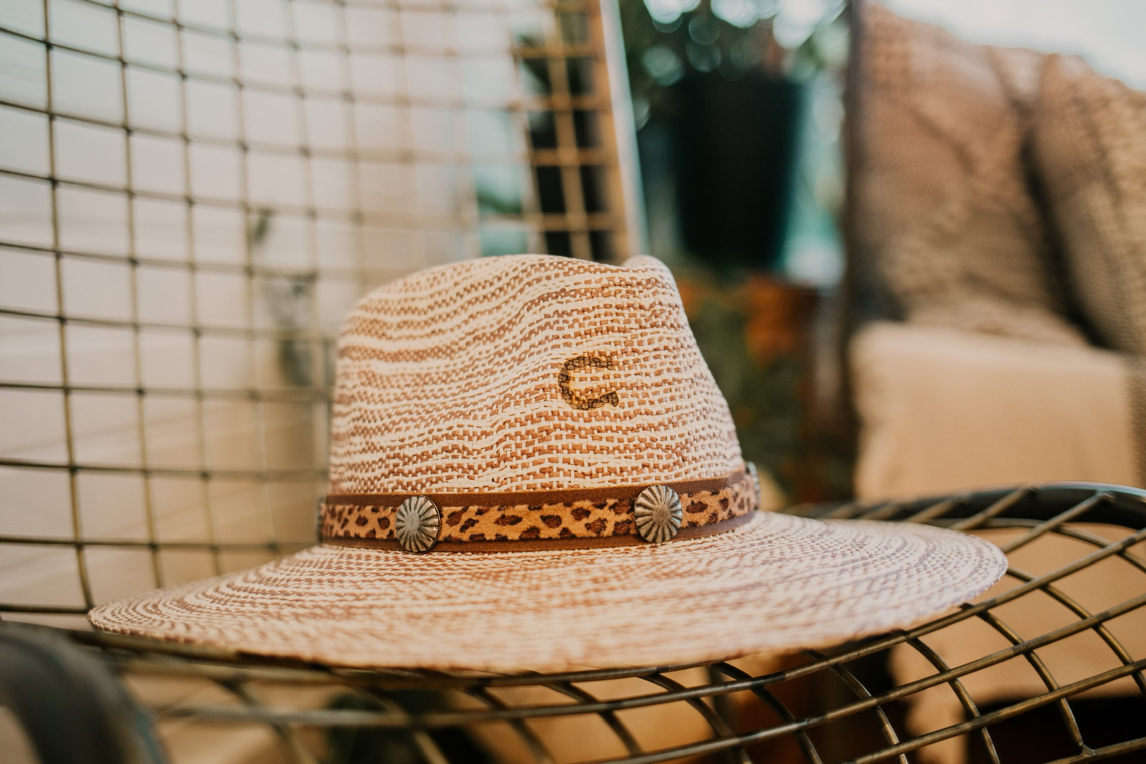 Charlie 1 Horse | Prowlin' Round Stiff Brim Straw Hat with Leopard Band and Concho Studs - Giddy Up Glamour Boutique
