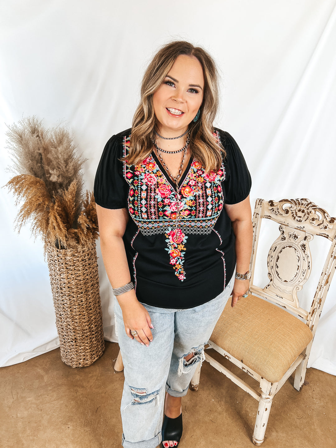 Think About Me Embroidered V Neck Top with Short Sleeves in Black - Giddy Up Glamour Boutique