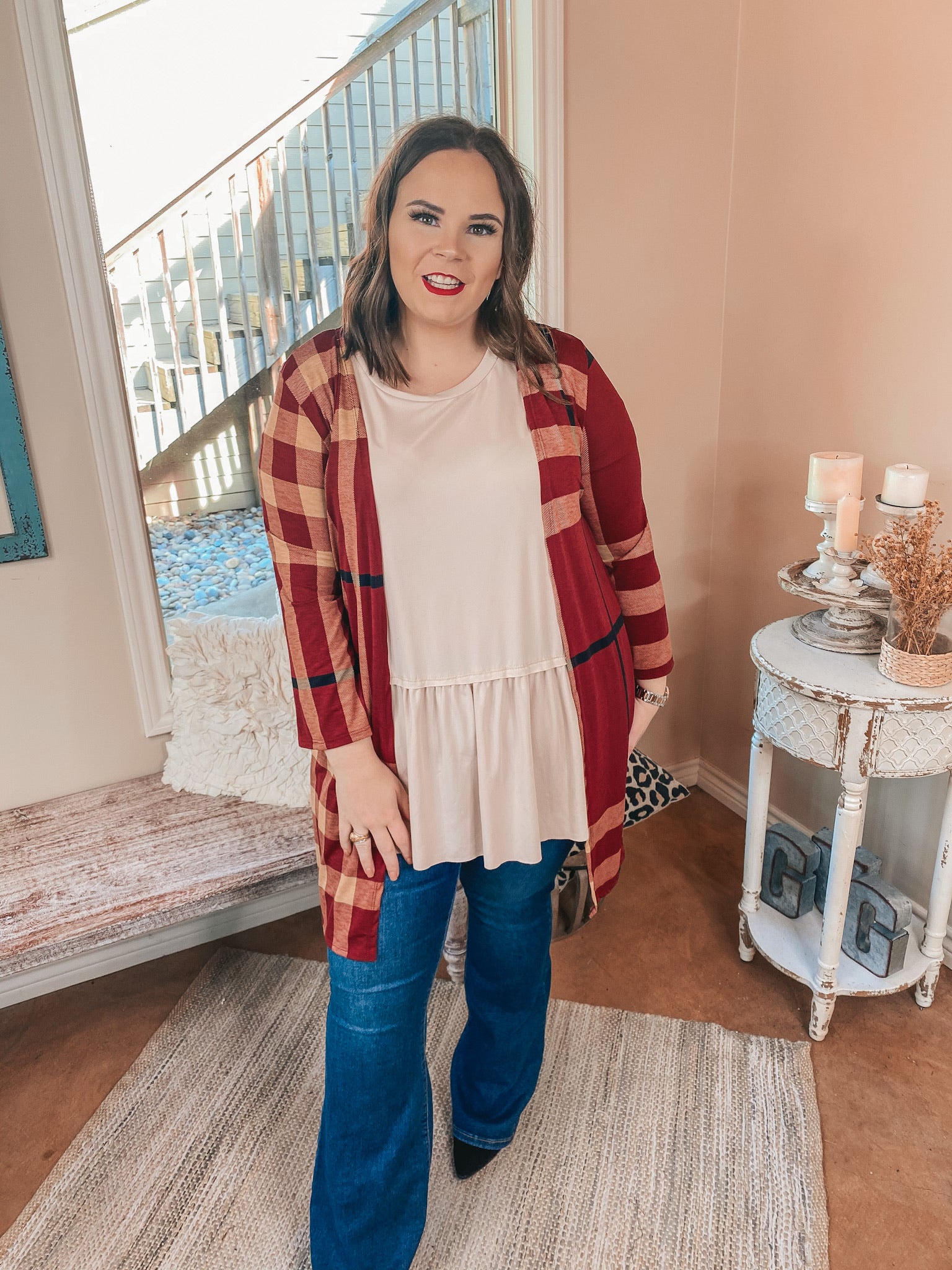 Online Exclusive | All Eyes On You Plaid Cardigan in Maroon - Giddy Up Glamour Boutique
