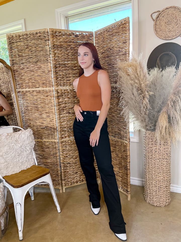 Love and Leisure High Neck Ribbed Tank Top Bodysuit in Clay Orange - Giddy Up Glamour Boutique