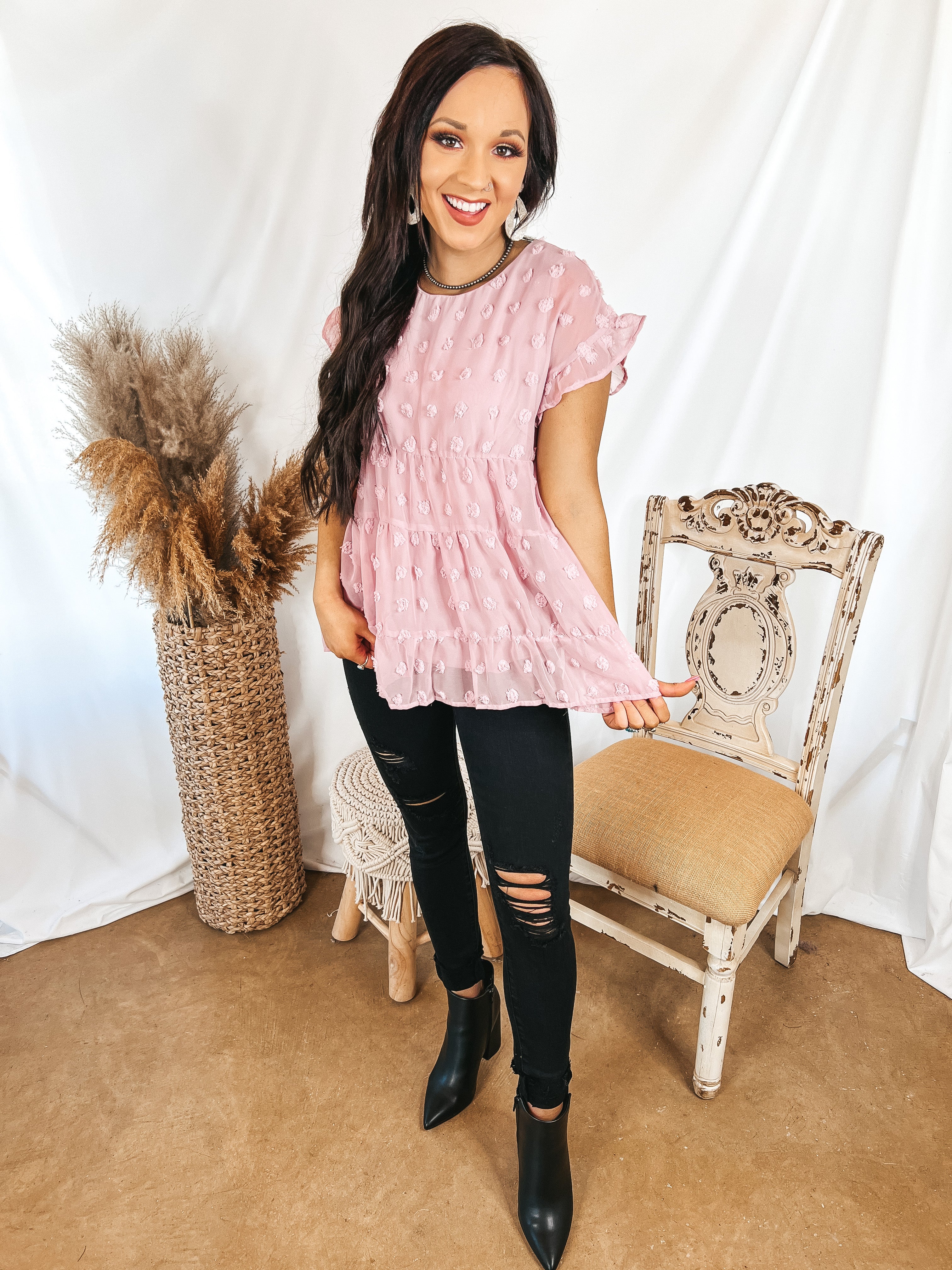 Such A Delight Tiered Swiss Dot Top with Ruffle Cap Sleeves in Mauve Purple - Giddy Up Glamour Boutique