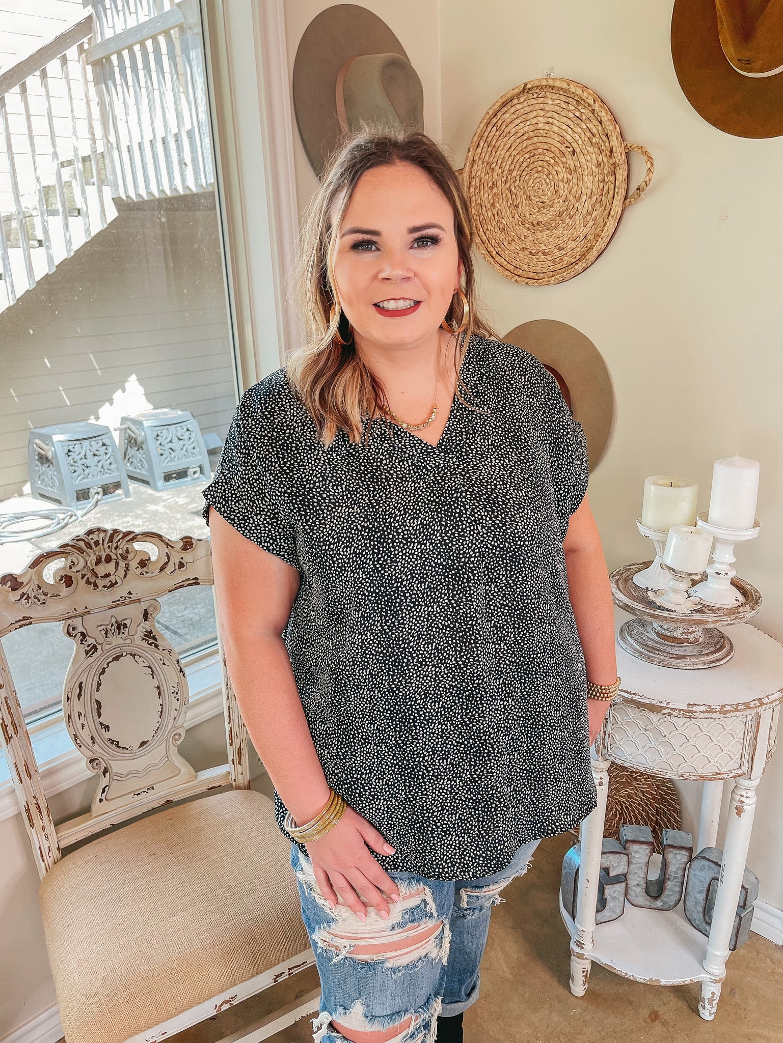 Plus Sizes | Wonderful Welcome Dotted V Neck Short Sleeve Top in Black - Giddy Up Glamour Boutique