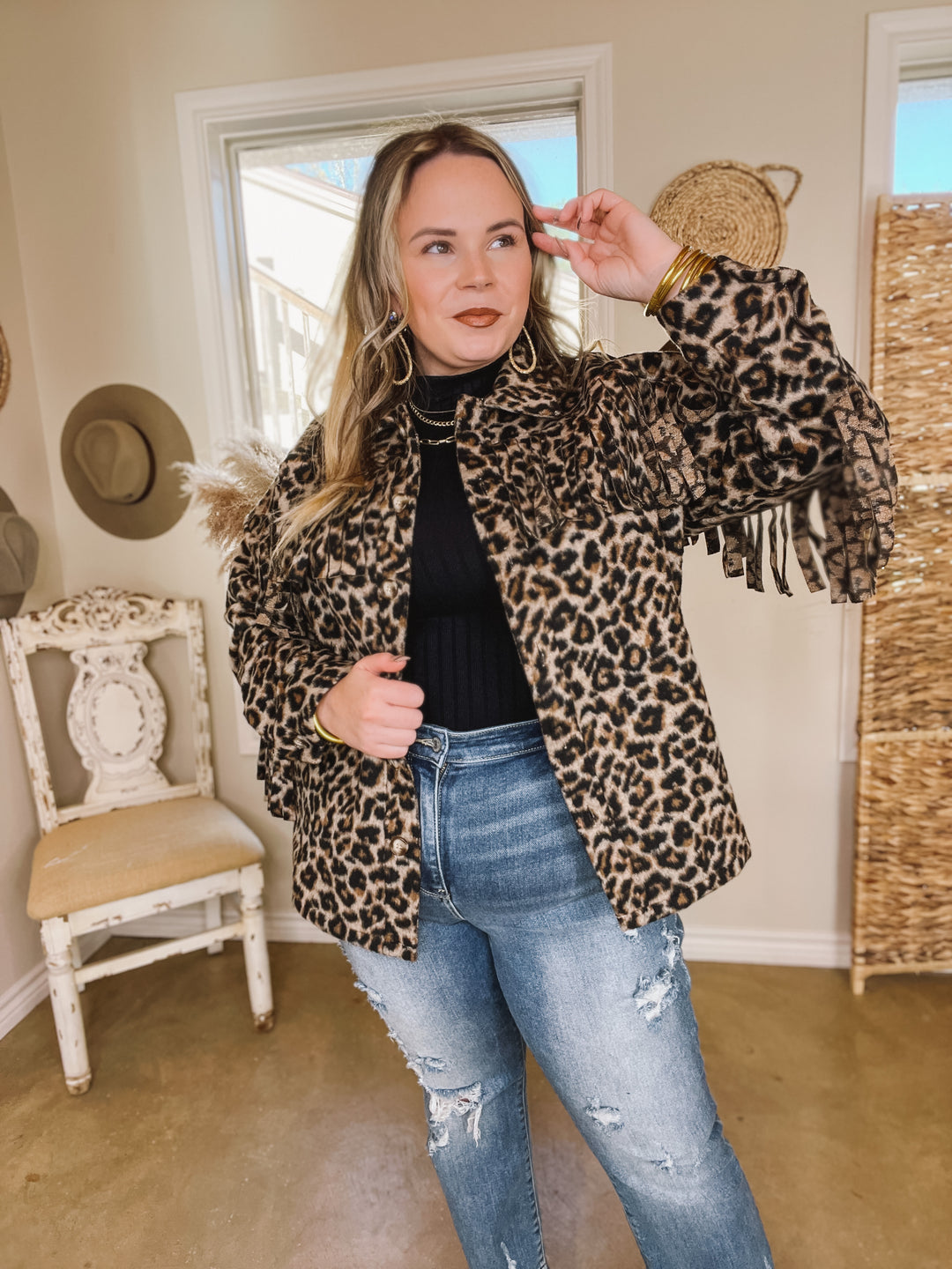 Take Over Leopard Print Button Up Jacket with Fringe in Brown - Giddy Up Glamour Boutique