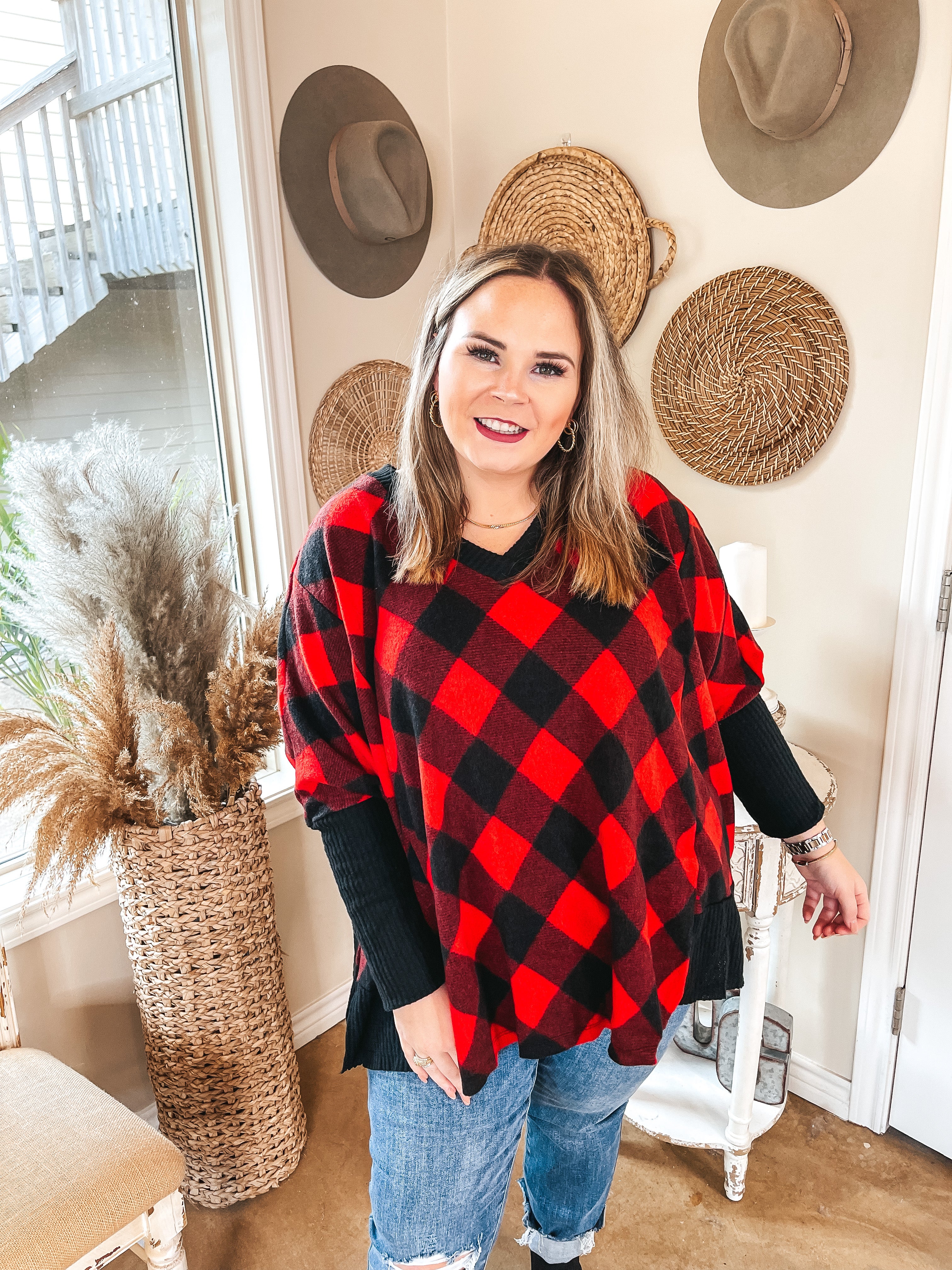Just Joyful Buffalo Plaid Long Sleeve Shift Top in Red and Black - Giddy Up Glamour Boutique