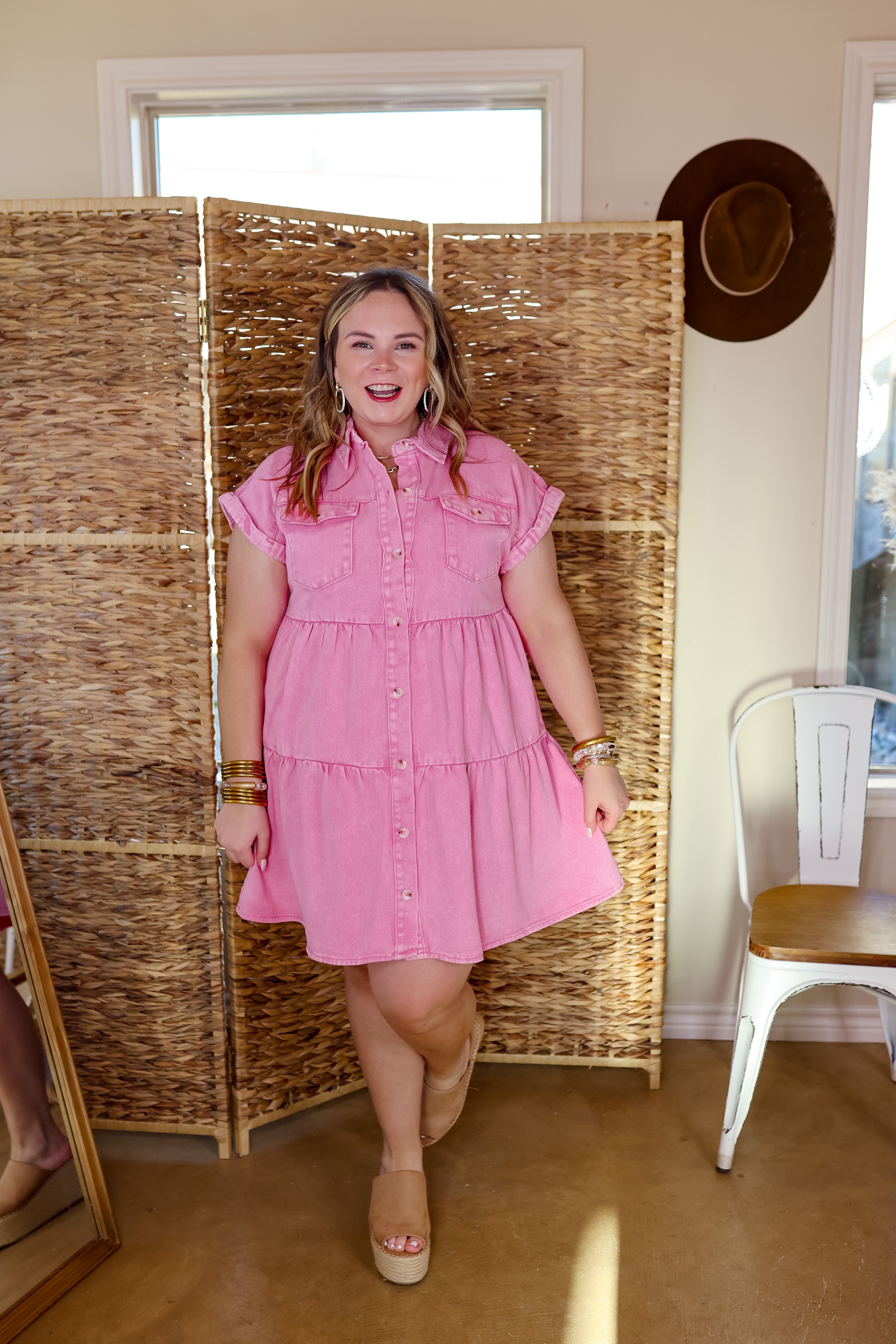 Latest Obsession Button Up Denim Tiered Dress in Pink - Giddy Up Glamour Boutique