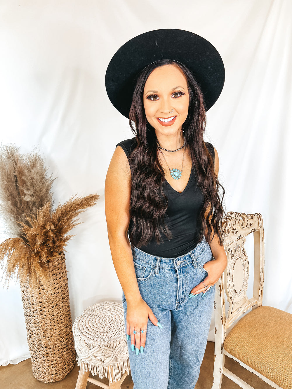 Perfect Night V Neck Tank Bodysuit in Black - Giddy Up Glamour Boutique