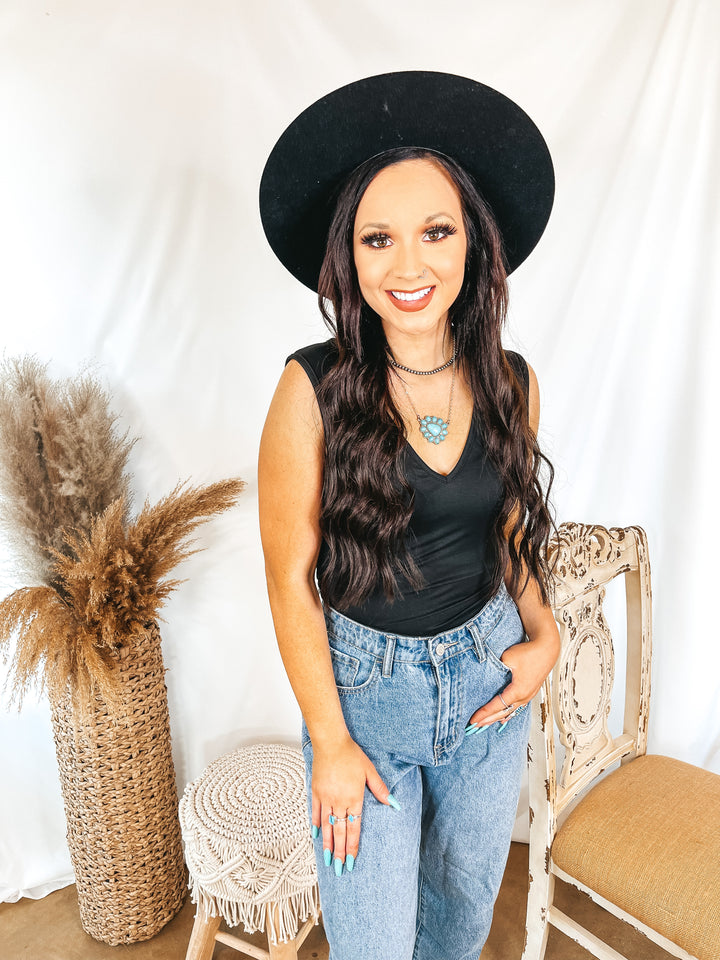 Perfect Night V Neck Tank Bodysuit in Black - Giddy Up Glamour Boutique