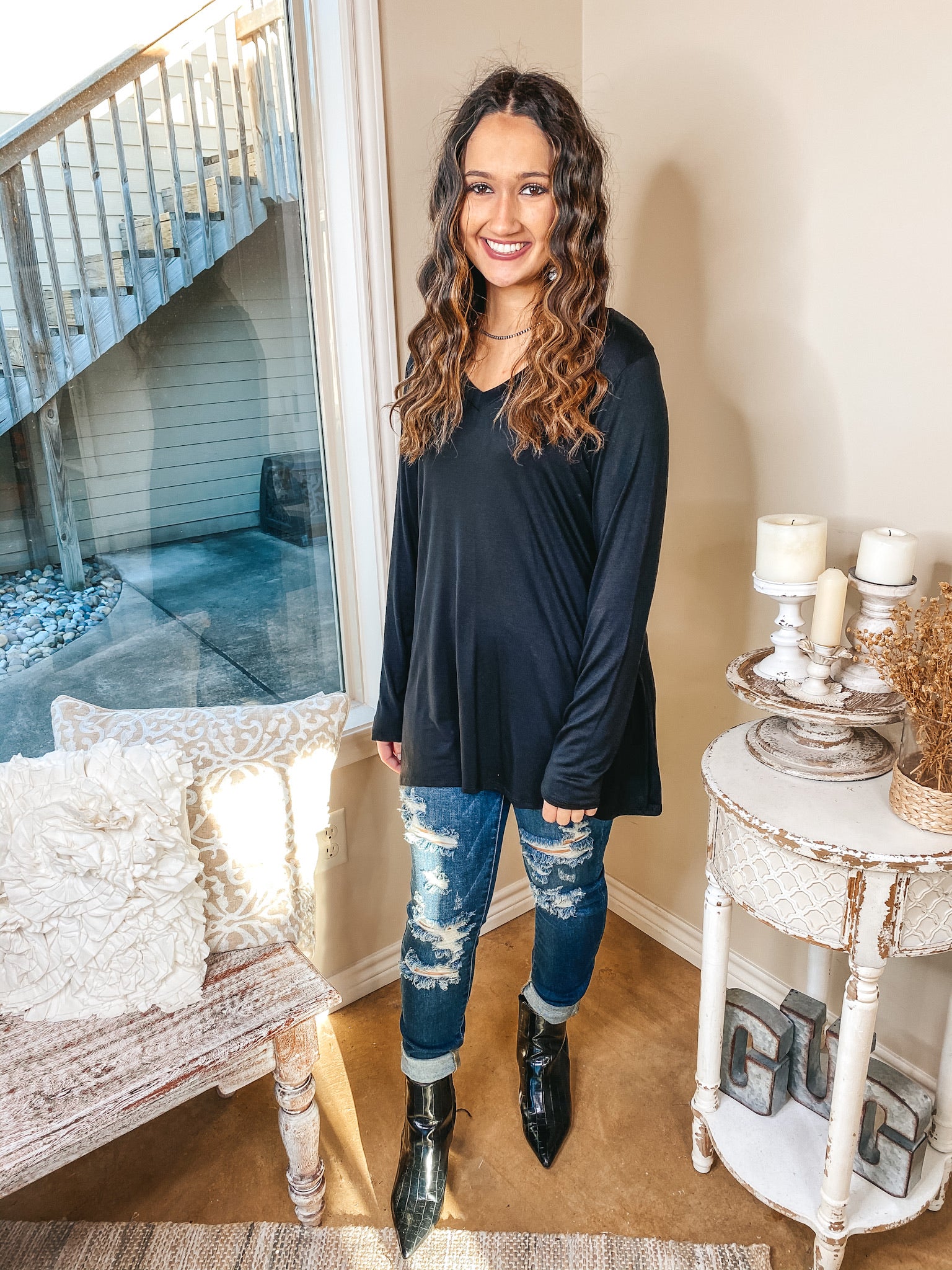 It's That Simple Solid V Neck Long Sleeve Tee in Black - Giddy Up Glamour Boutique