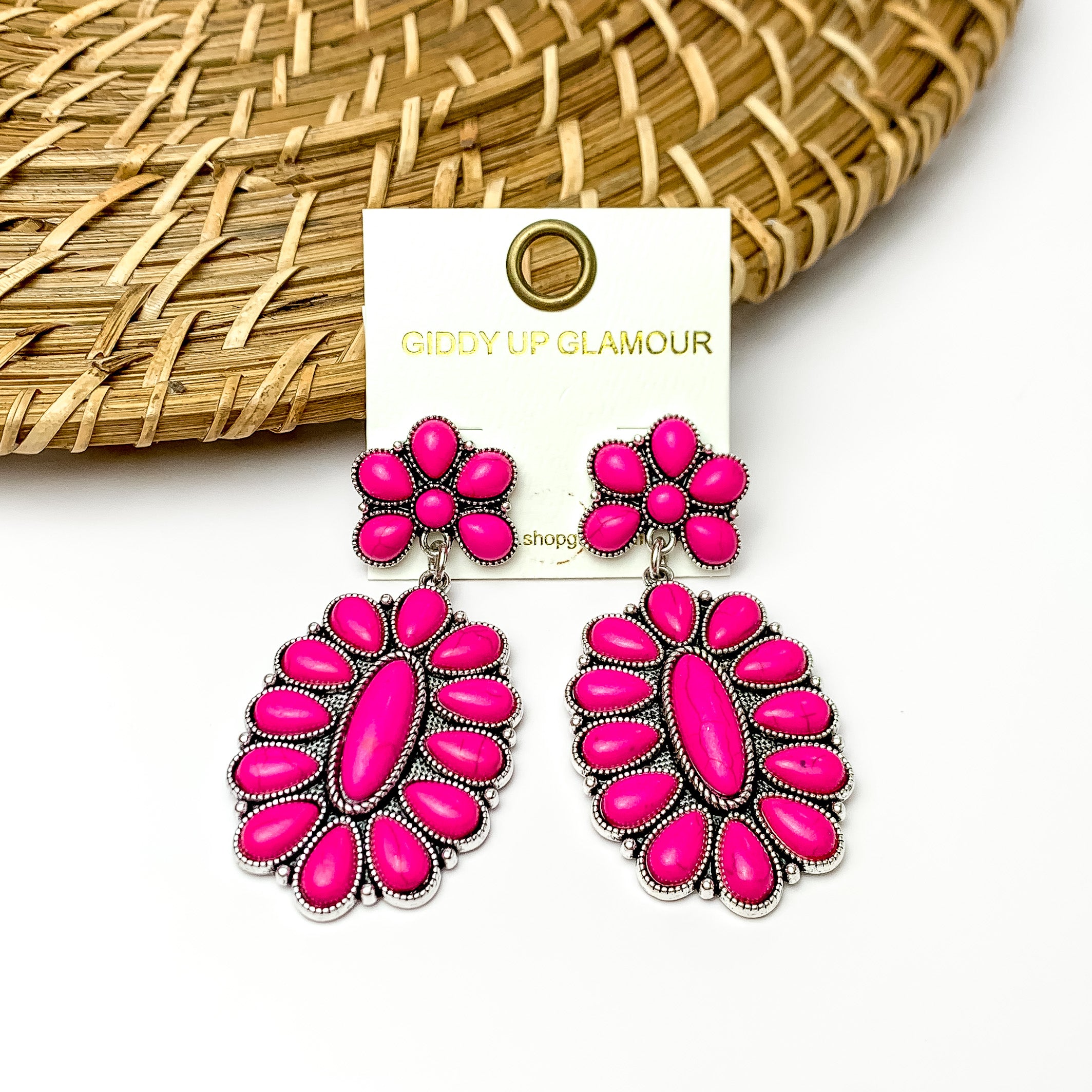 Hot Pink Stone Oval Flower Earrings - Giddy Up Glamour Boutique