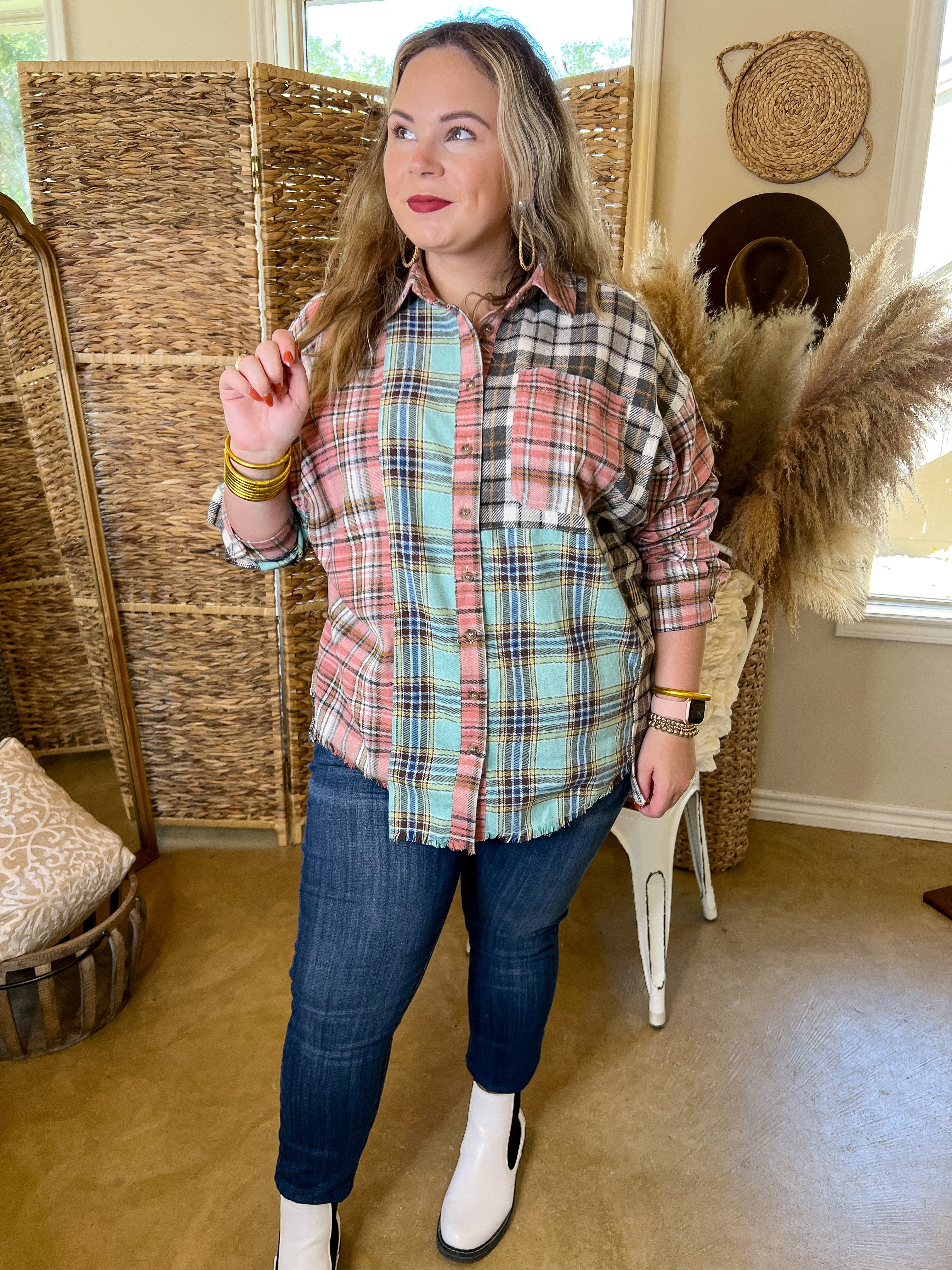Casual Chats Color Block Plaid Flannel Top in Grey, Mint, and Pink - Giddy Up Glamour Boutique