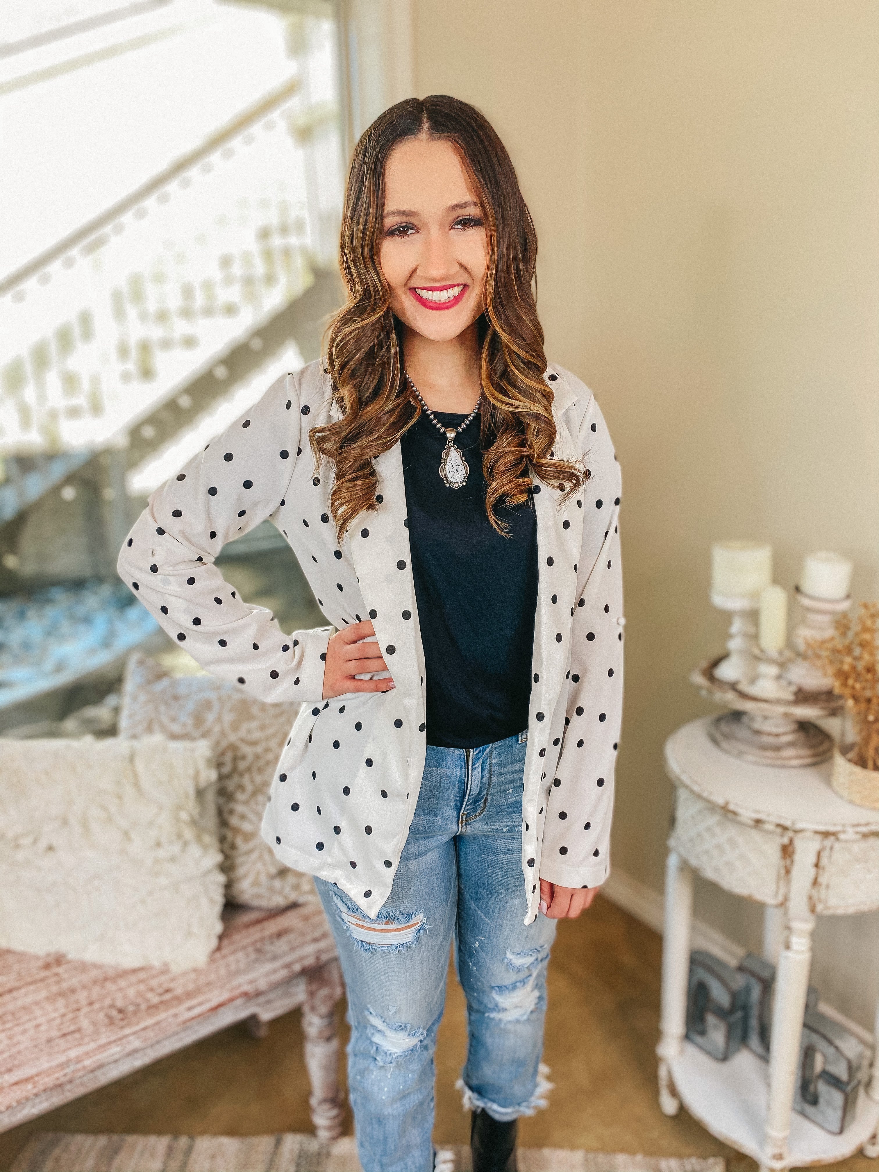 Out Of Office Polka Dot Open Front Blazer with Long Sleeves in White - Giddy Up Glamour Boutique