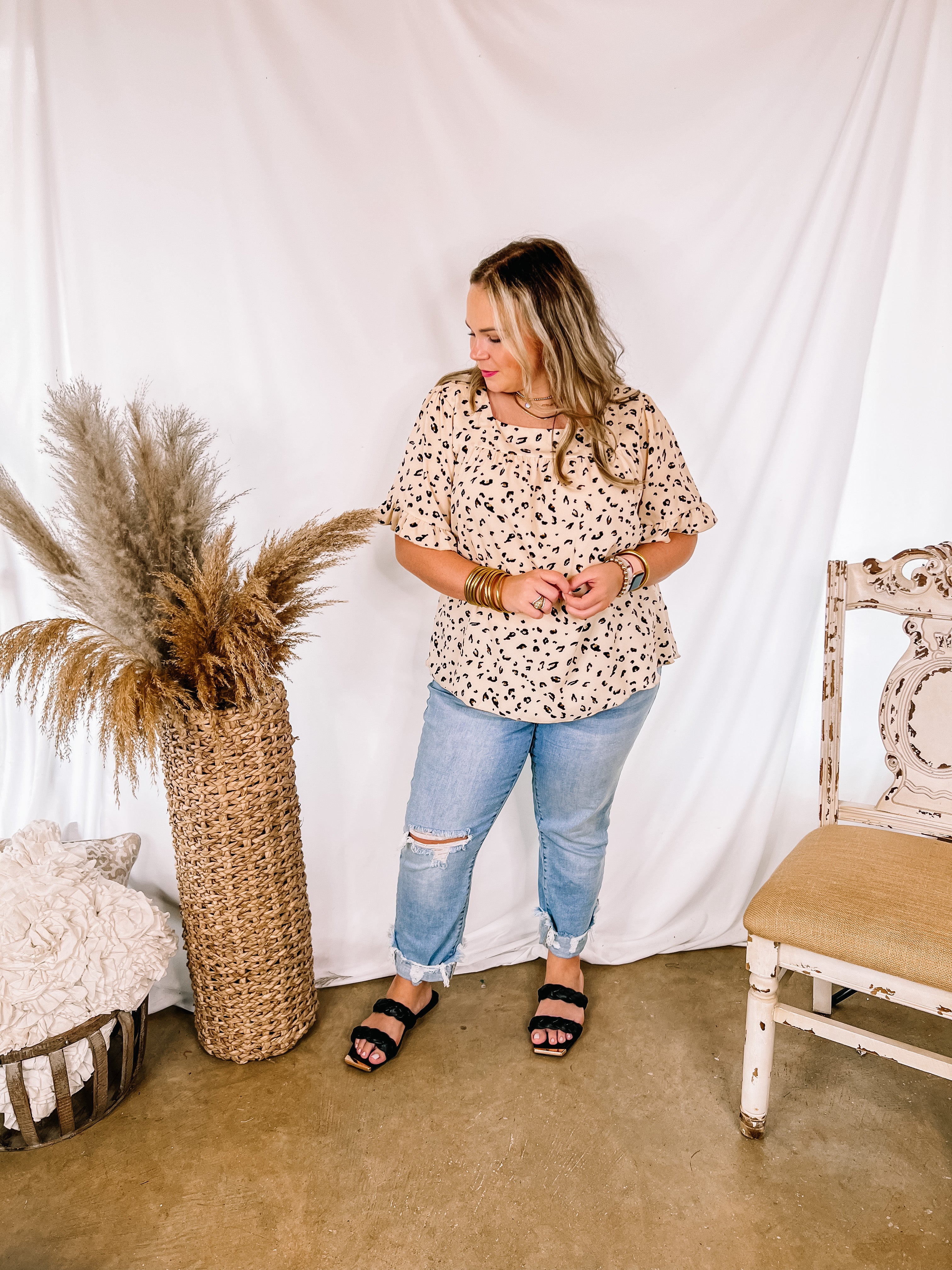 New Best Friend Square Neck Ruffle Short Sleeve Top in Leopard Print - Giddy Up Glamour Boutique