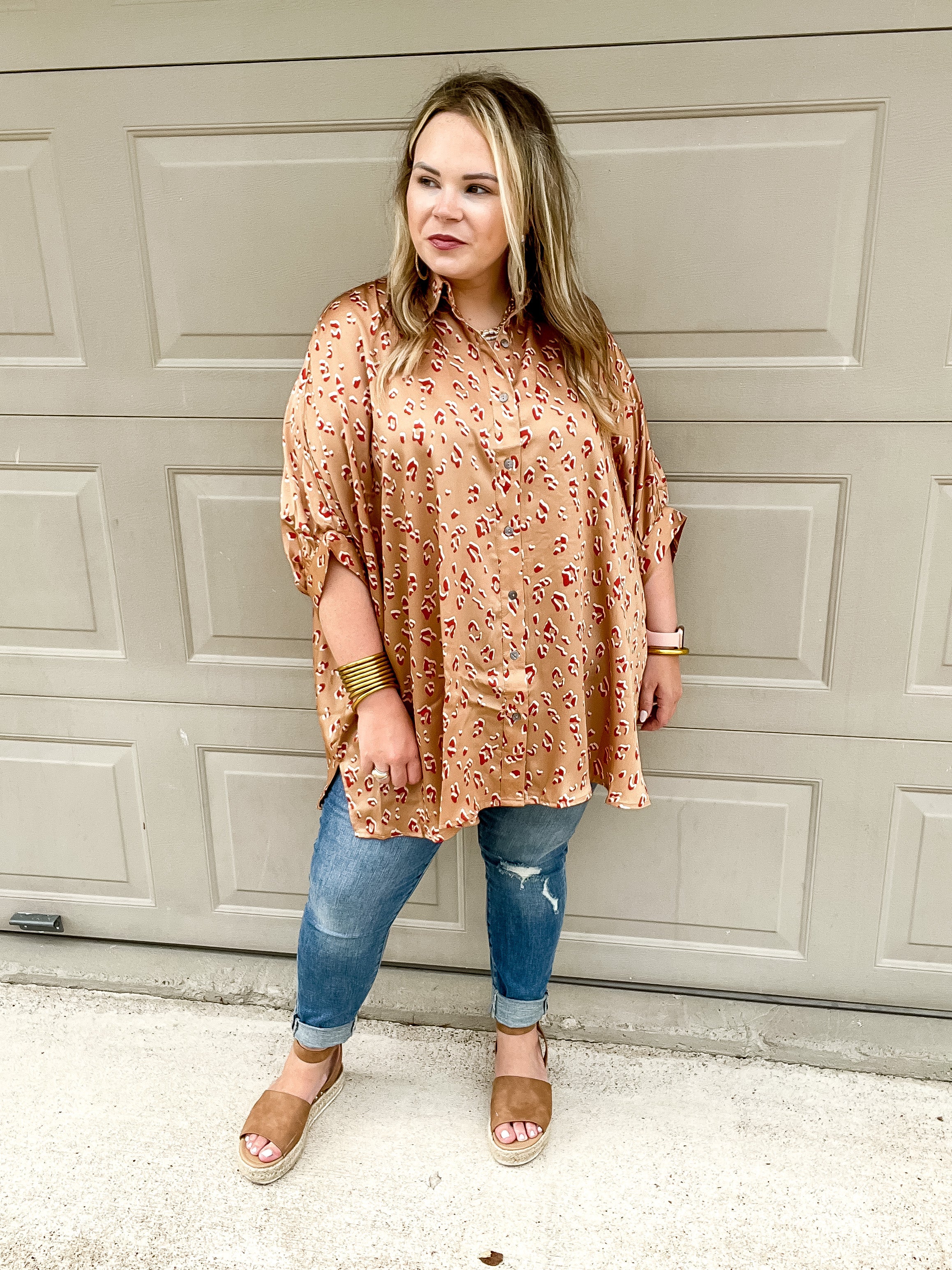 City Lifestyle Leopard Print Button Up Half Sleeve Poncho Top in Tan - Giddy Up Glamour Boutique