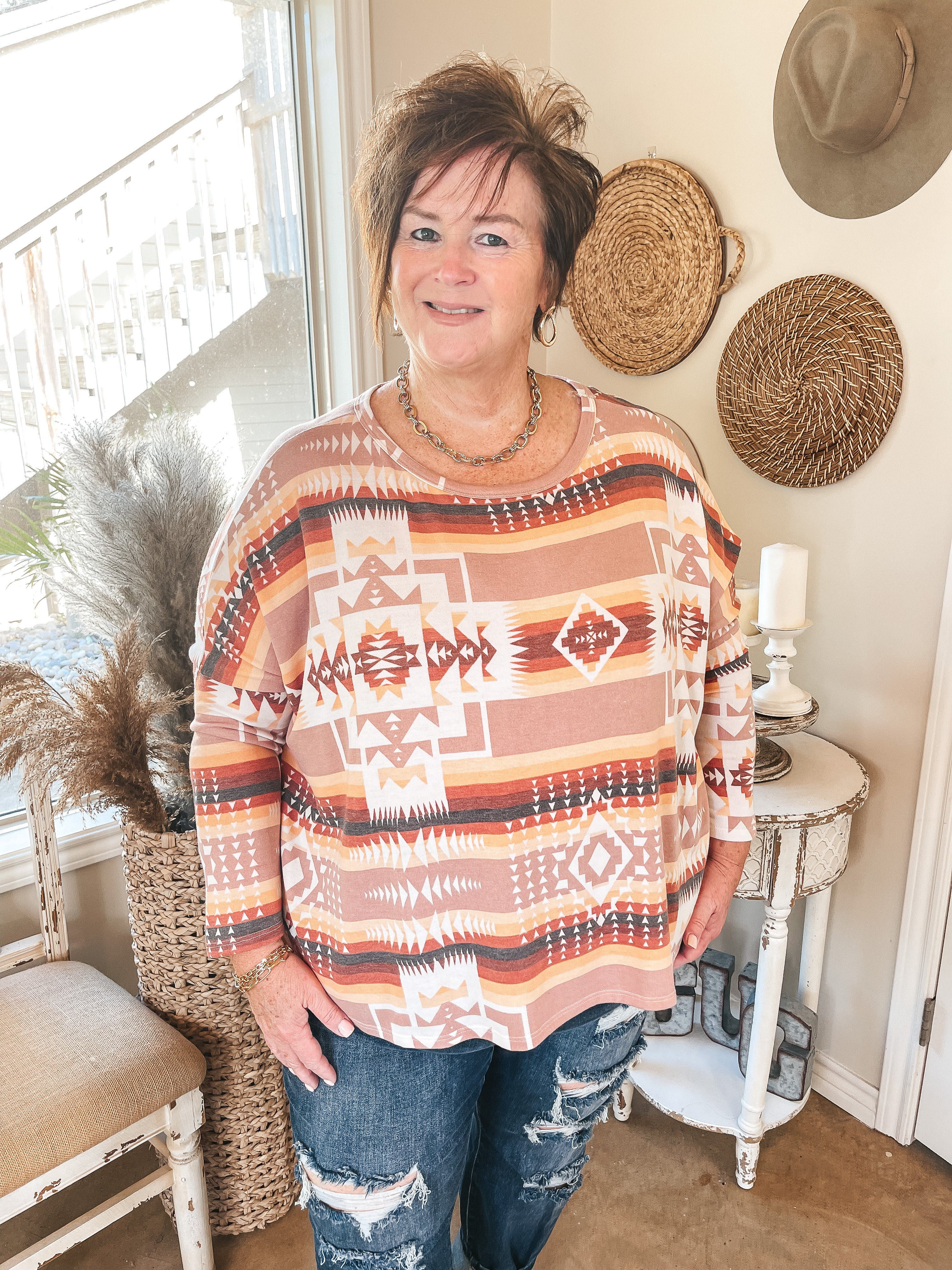 Western Weather Aztec Print Striped Long Sleeve Top in Sunset Mix - Giddy Up Glamour Boutique
