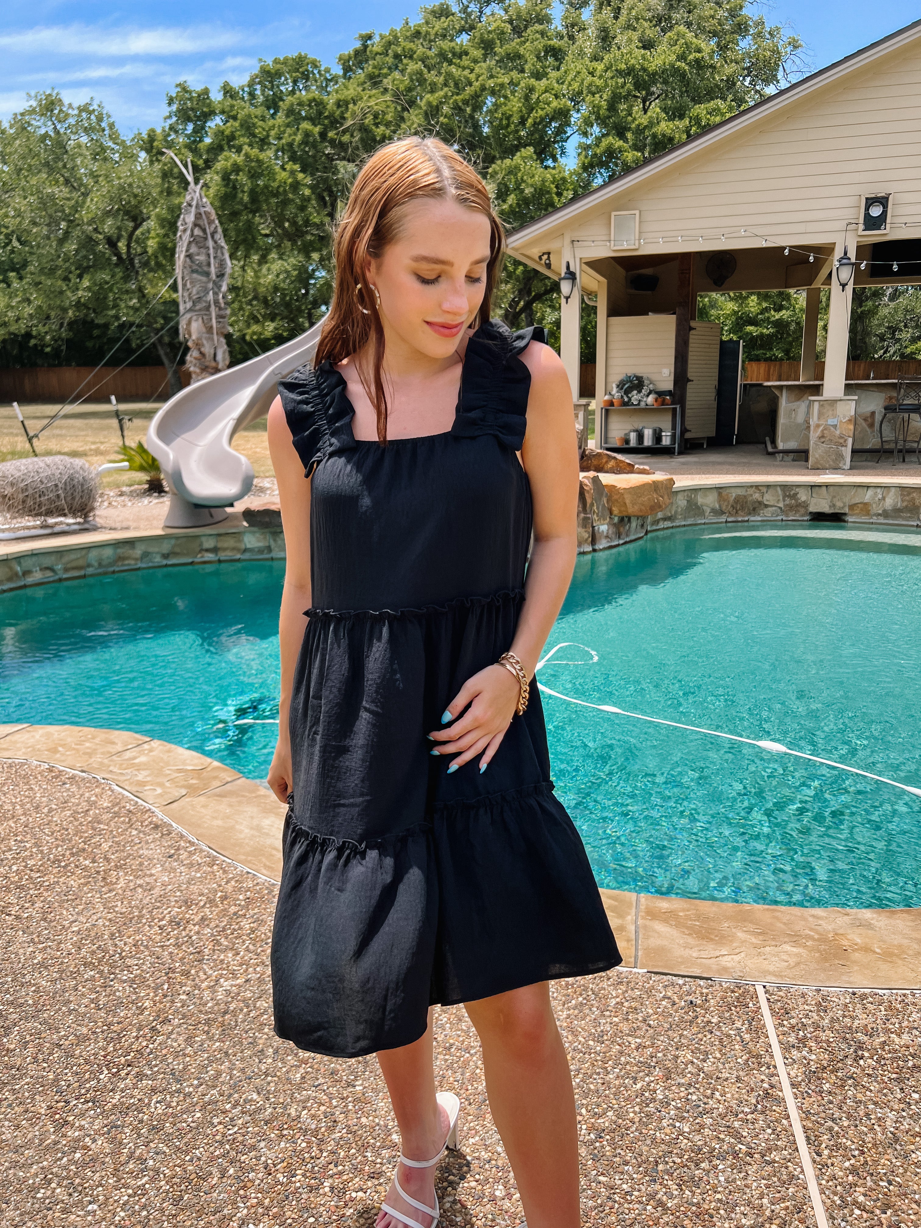 Instant Confidence Ruffle Strap Tiered Tank Dress in Black - Giddy Up Glamour Boutique