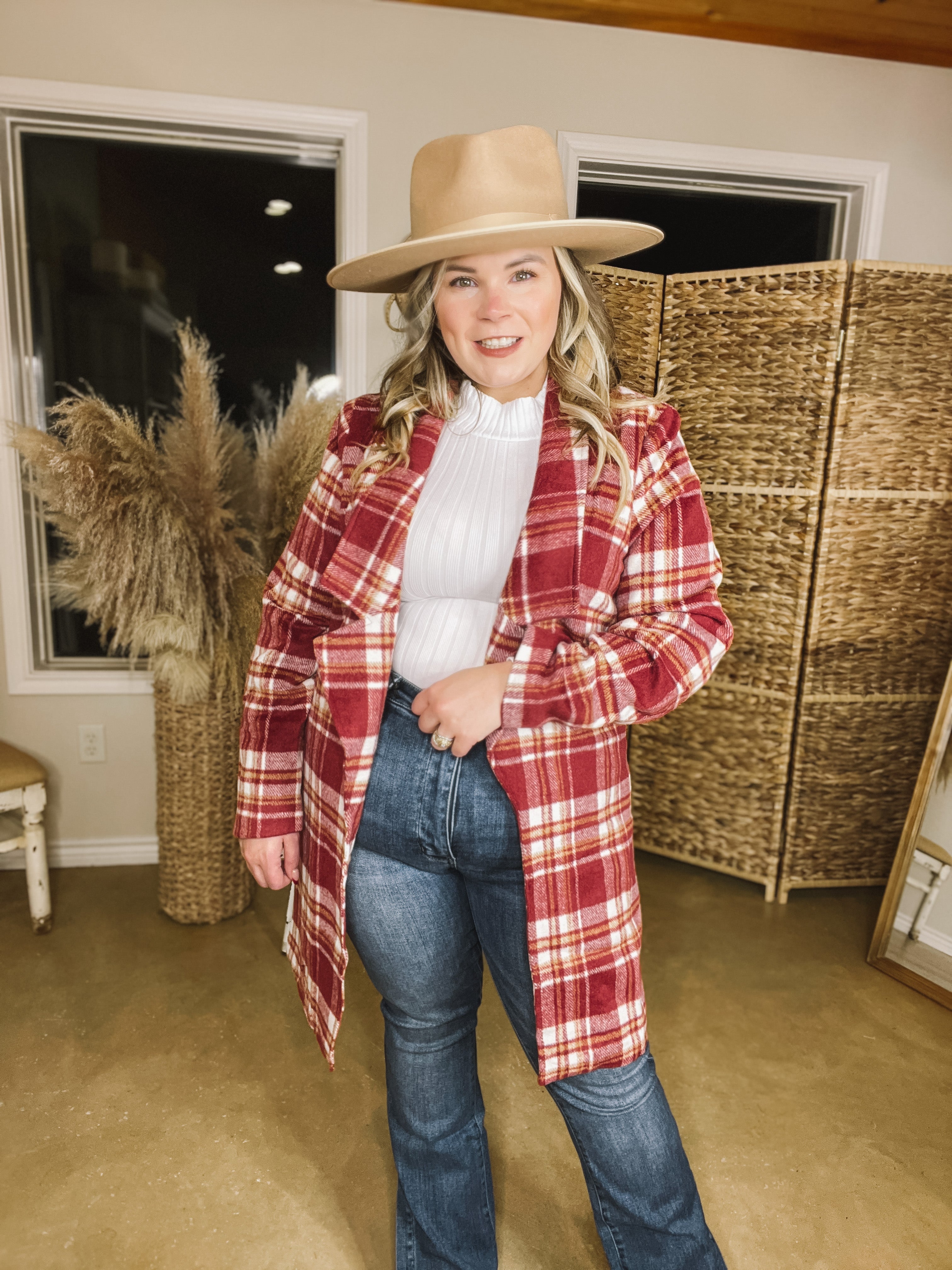 Mountain Ranch Long Plaid Jacket in Maroon - Giddy Up Glamour Boutique