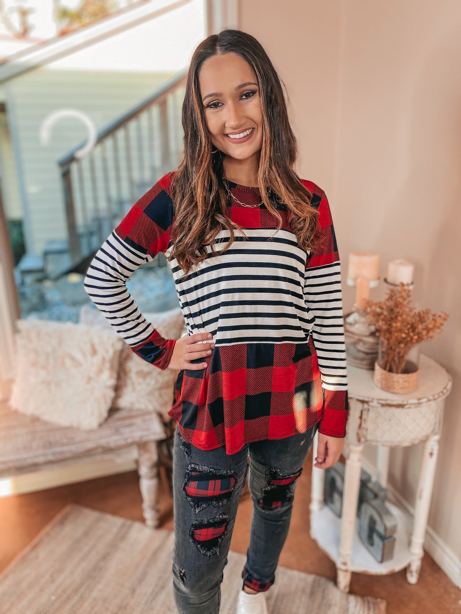 Online Exclusive | Cozy Cabin Vibes Buffalo Plaid and Striped Print Block Top in Red, Ivory, and Black - Giddy Up Glamour Boutique