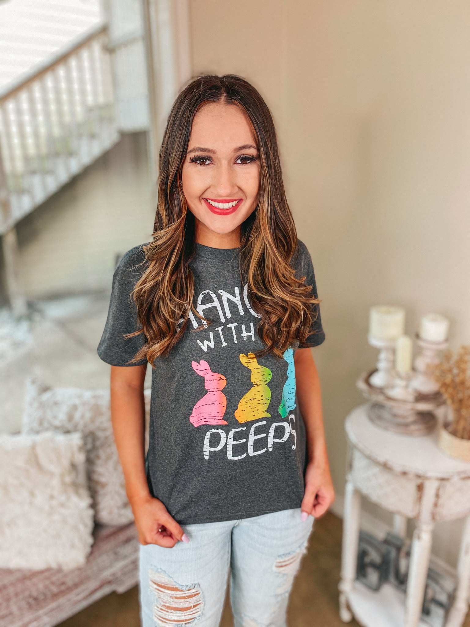 Hangin' With My Peeps Easter Graphic Tee in Charcoal Grey - Giddy Up Glamour Boutique